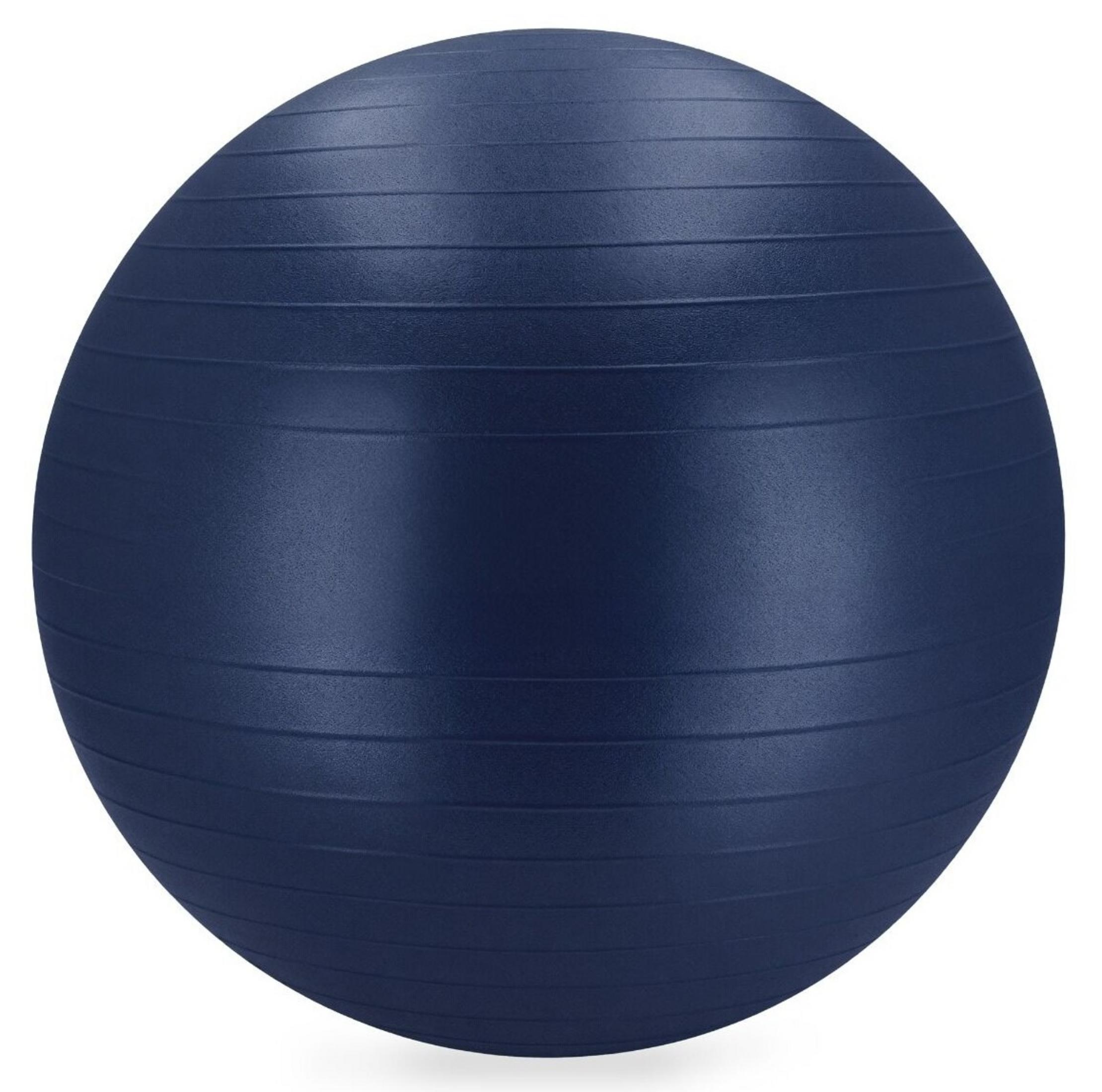 Una pelota de ejercicio azul oscuro con crestas horizontales, aislada sobre fondo blanco.