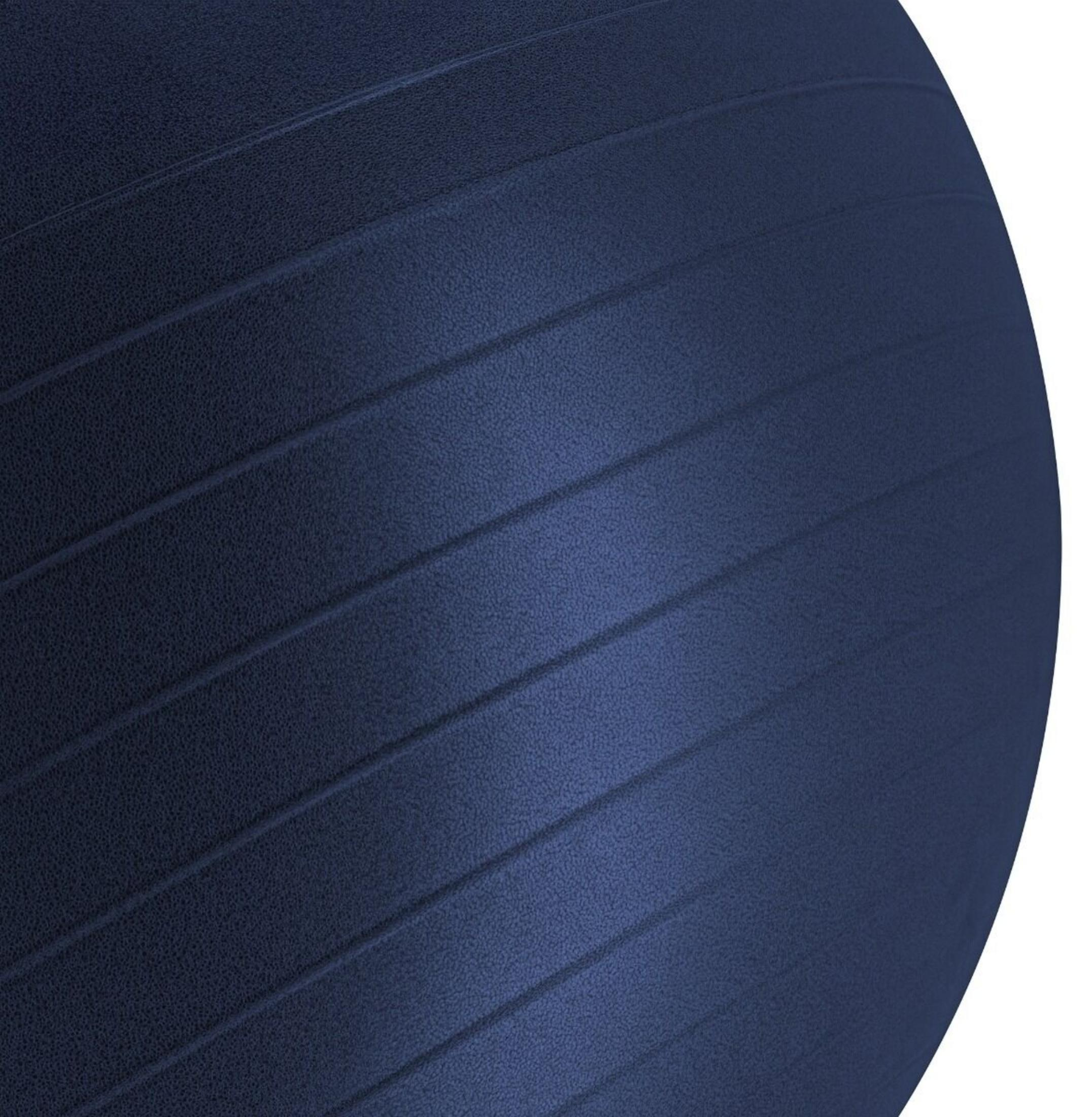 Superficie de pelota de ejercicio azul oscuro con líneas horizontales y textura.
