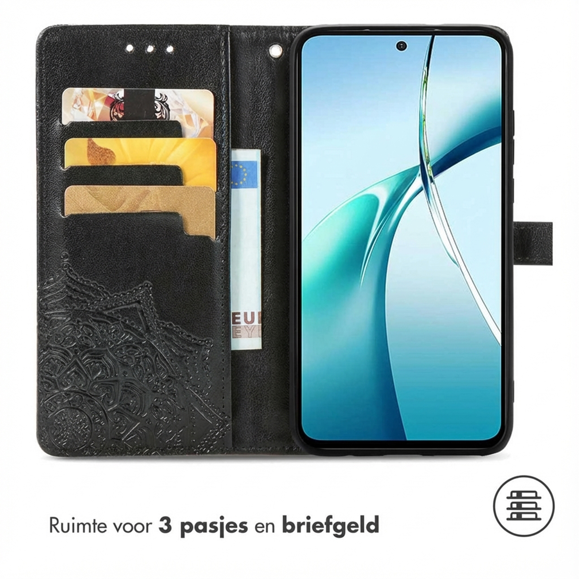 Zwarte telefoonhoes portemonnee met kaarthouders en telefoon.