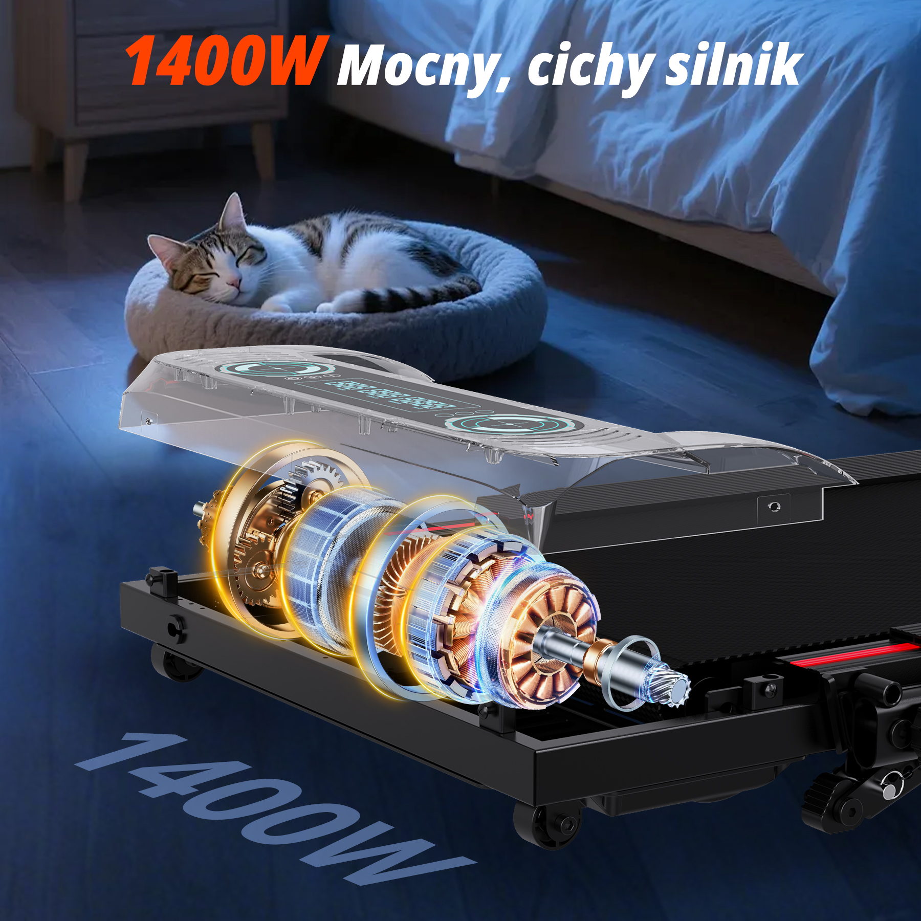 Kot śpi na łóżku obok silnika bieżni o mocy 1400W.