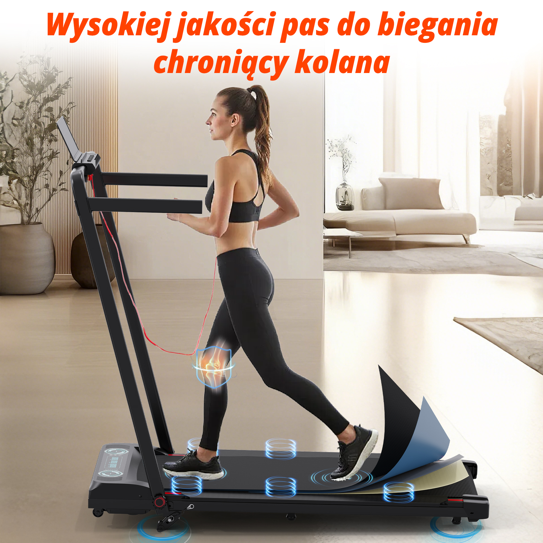 Kobieta biegnie na bieżni z ikoną kolana i amortyzatorami.