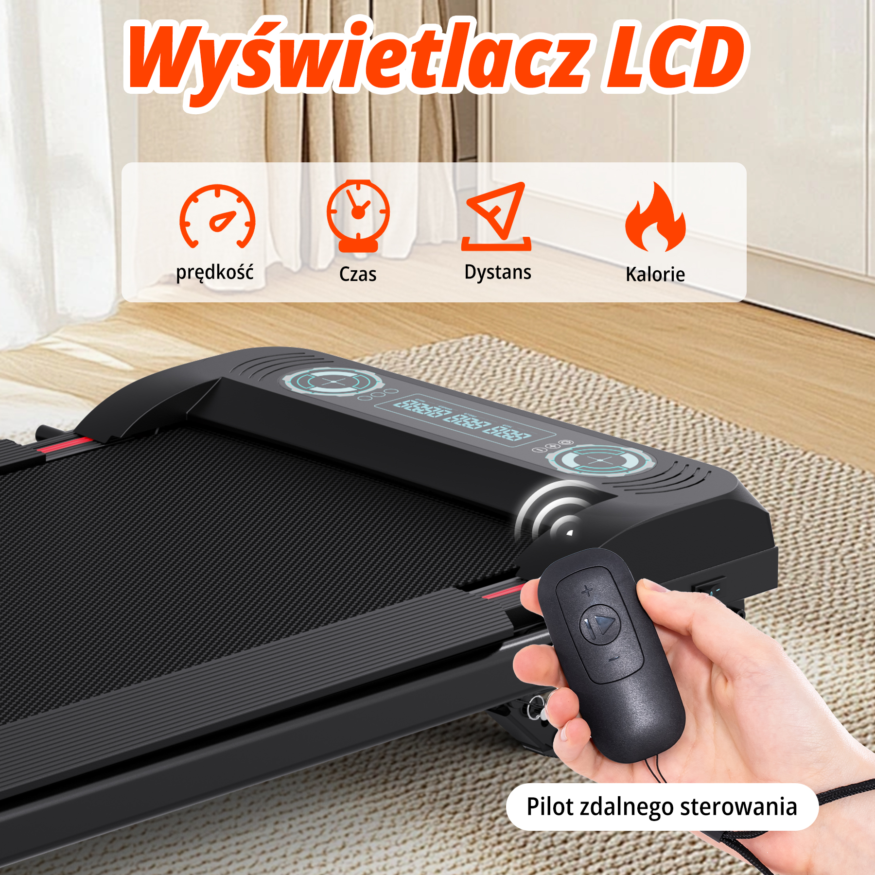 Bieżnia z pilotem zdalnego sterowania pokazująca prędkość, czas, dystans i kalorie.