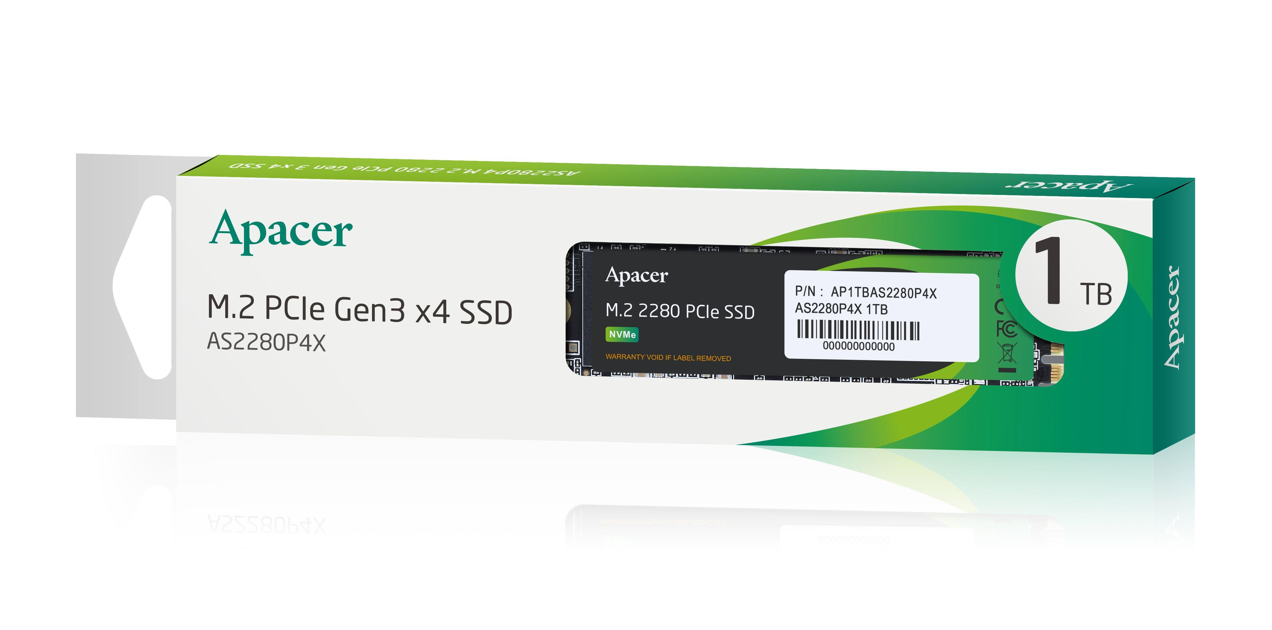 Unidad de almacenamiento Apacer M.2 2280 PCIe Gen3 x4 SSD de 1TB sobre fondo blanco.
