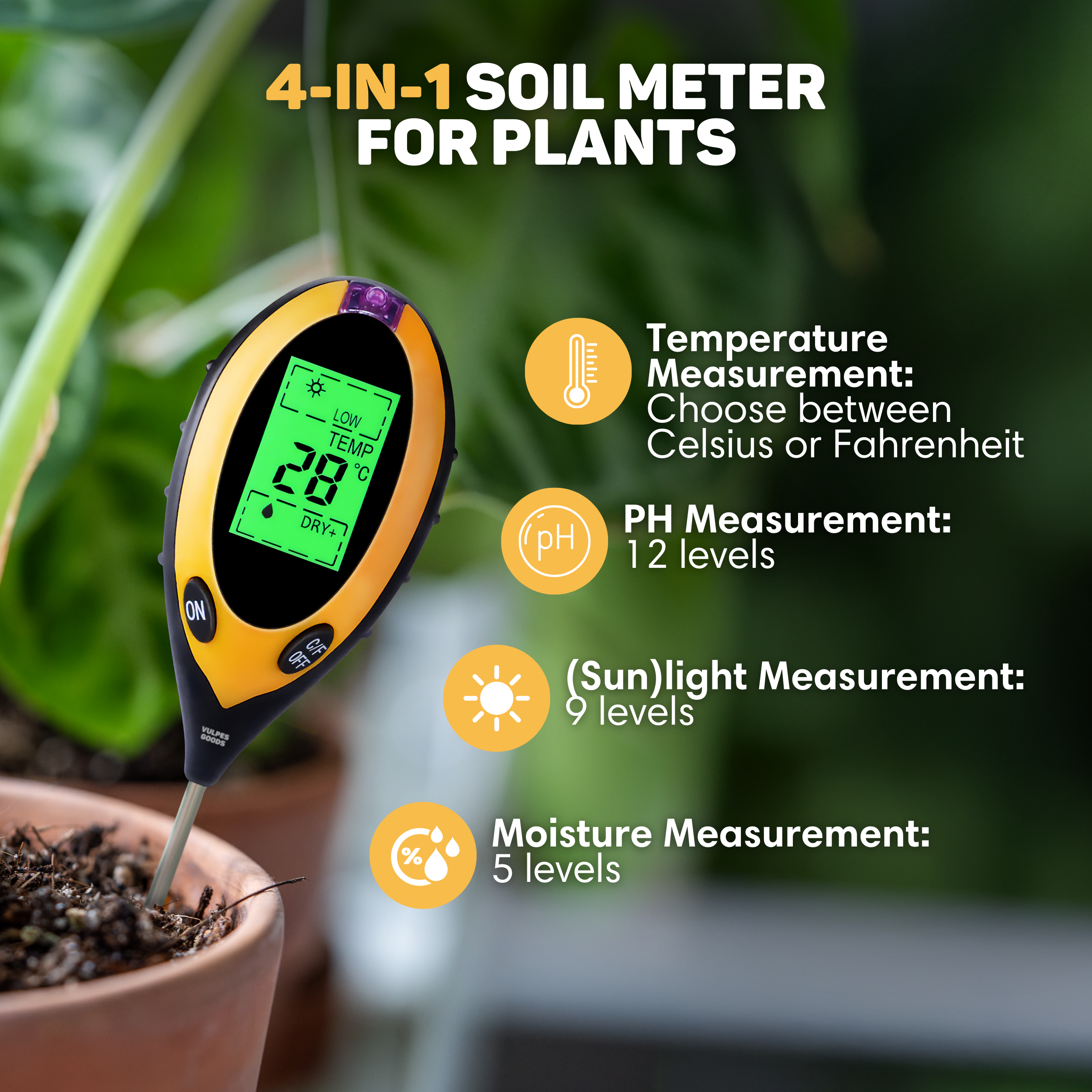 Ein gelber 4-in-1-Bodenmessgerät für Pflanzen misst Temperatur, pH, Licht und Feuchtigkeit.