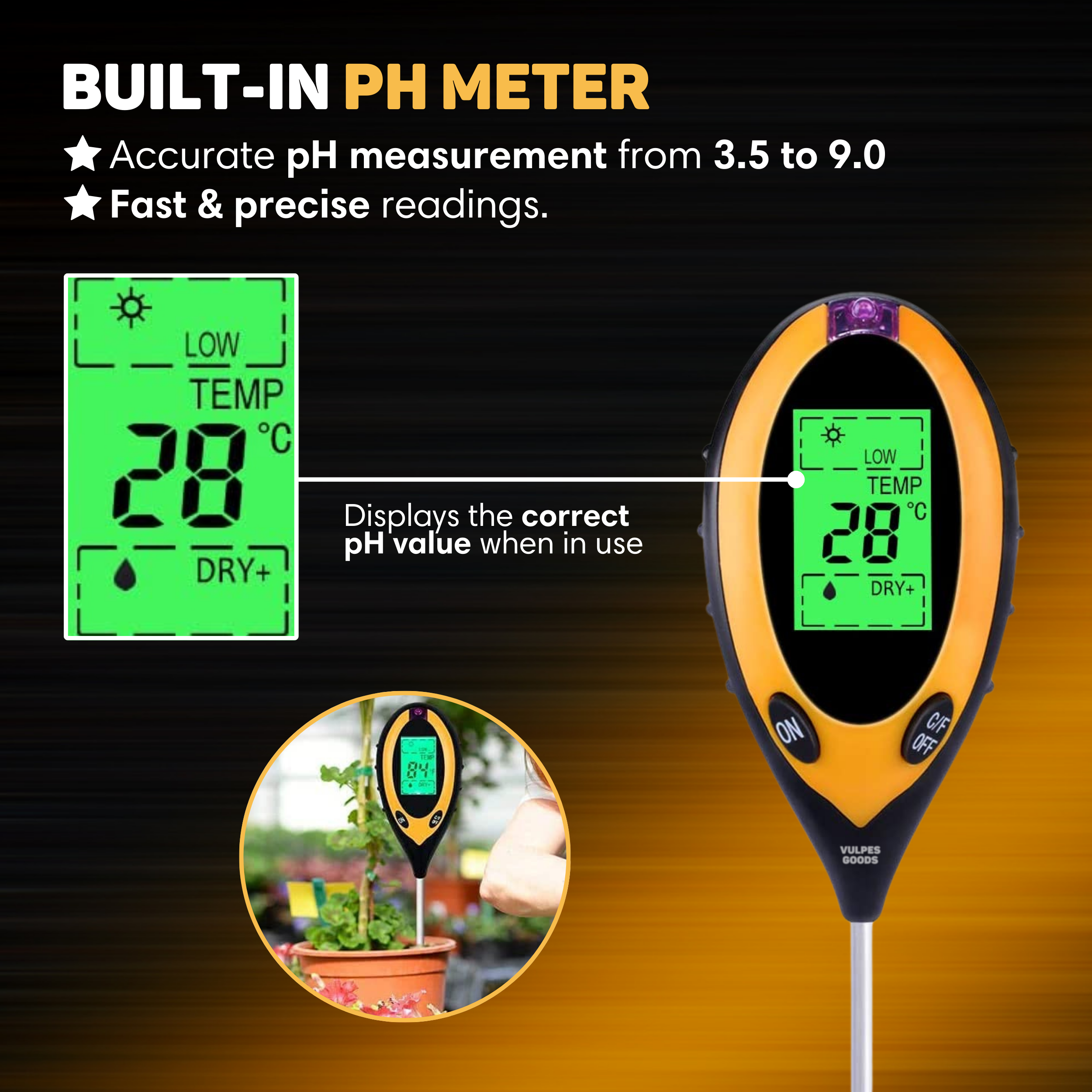 Ein gelbes pH-Messgerät mit grünem Display zeigt 28°C und DRY an.
