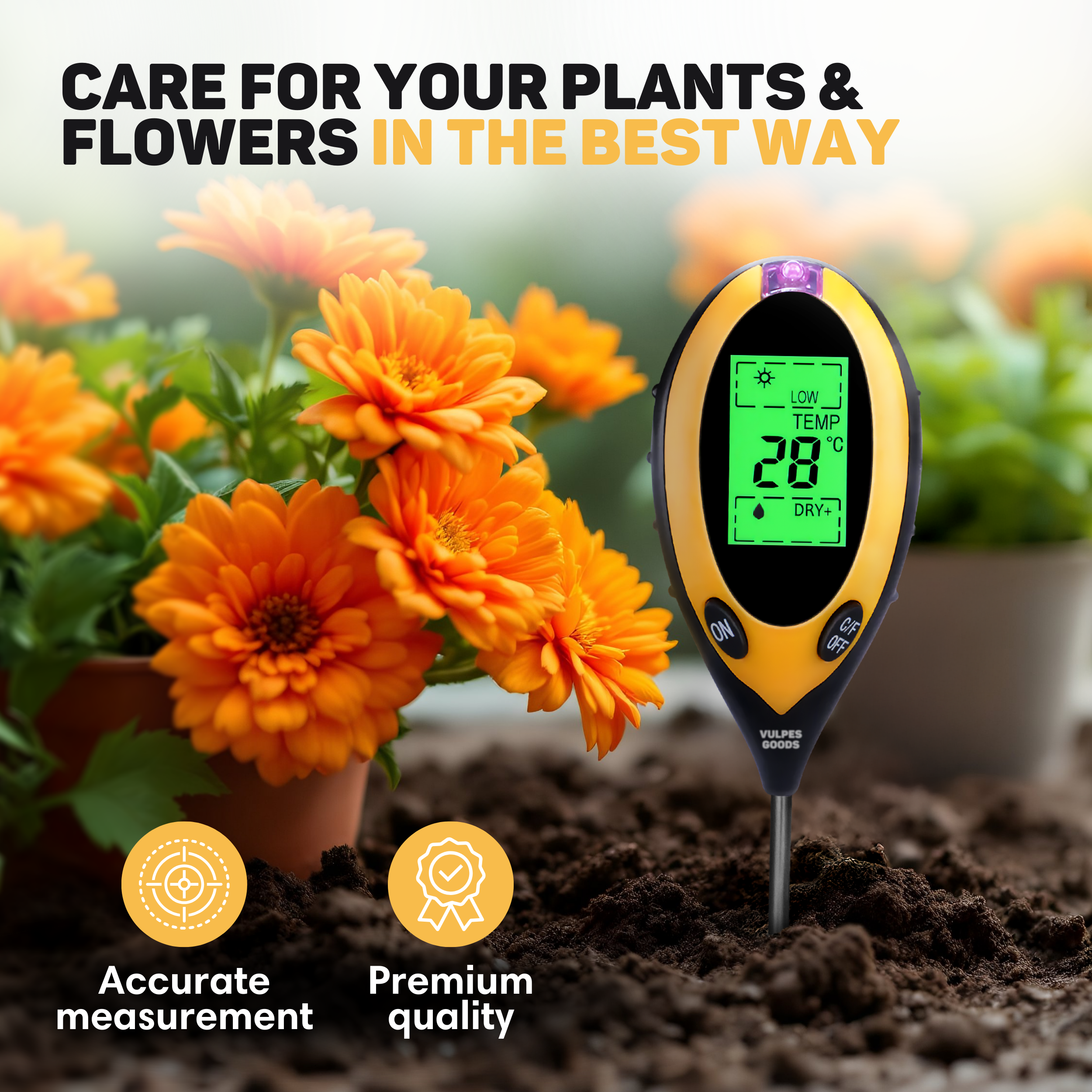Ein gelb-schwarzes Bodentestgerät steht neben orangefarbenen Blumen in dunkler Erde.