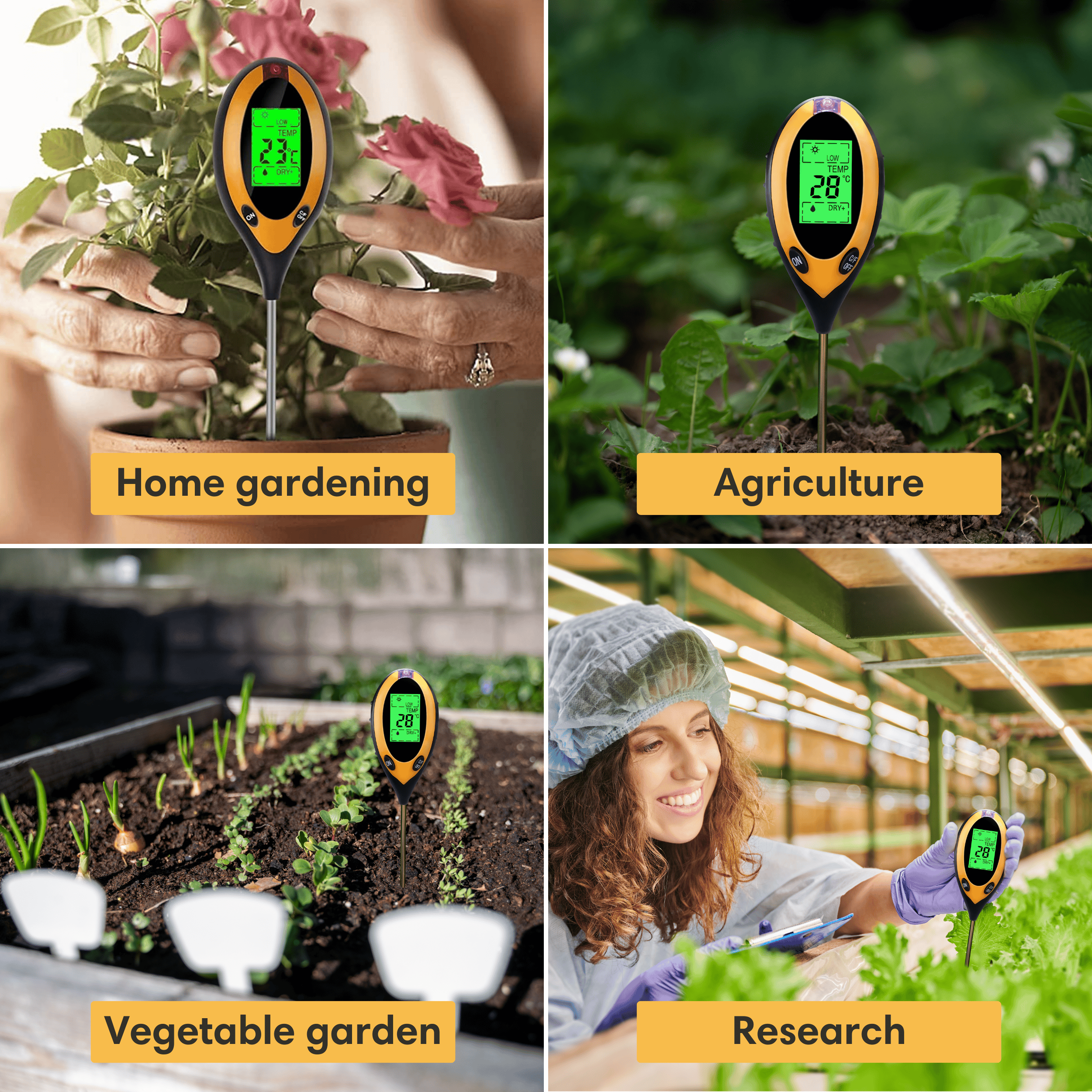 Ein Messgerät für Bodenfeuchte und Temperatur in vier Gartenanwendungen.