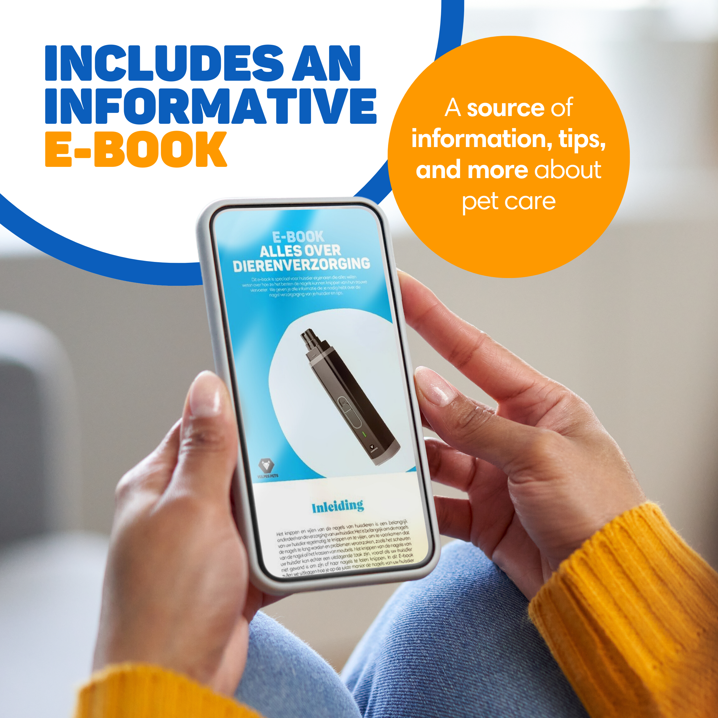 Ein Smartphone zeigt ein E-Book über Tierpflege mit einem Bild eines Nagelschneiders.