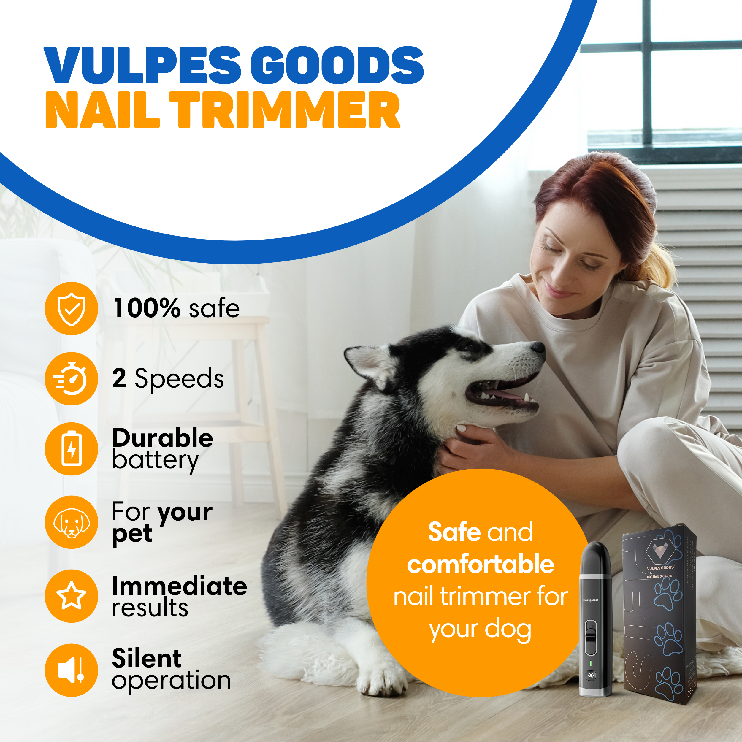 Ein Husky-Hund wird von einer Frau gestreichelt, neben einem Nageltrimmer.