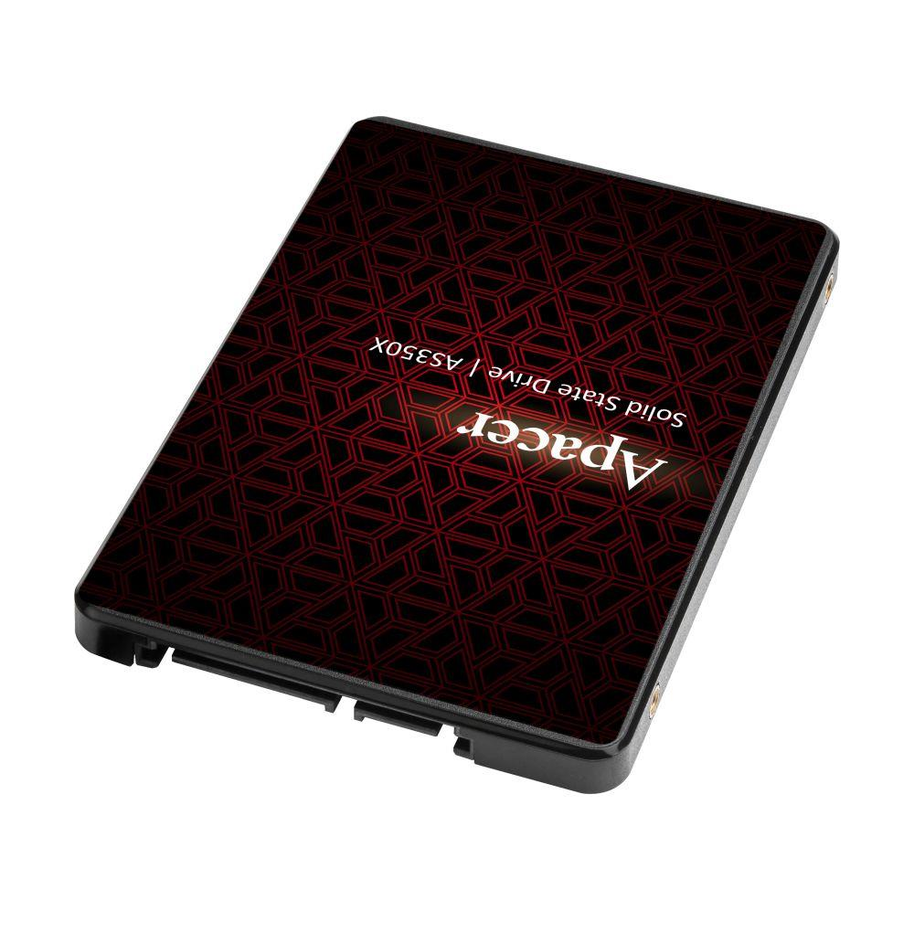Czarny dysk SSD z czerwonym wzorem geometrycznym i logo Apacer.