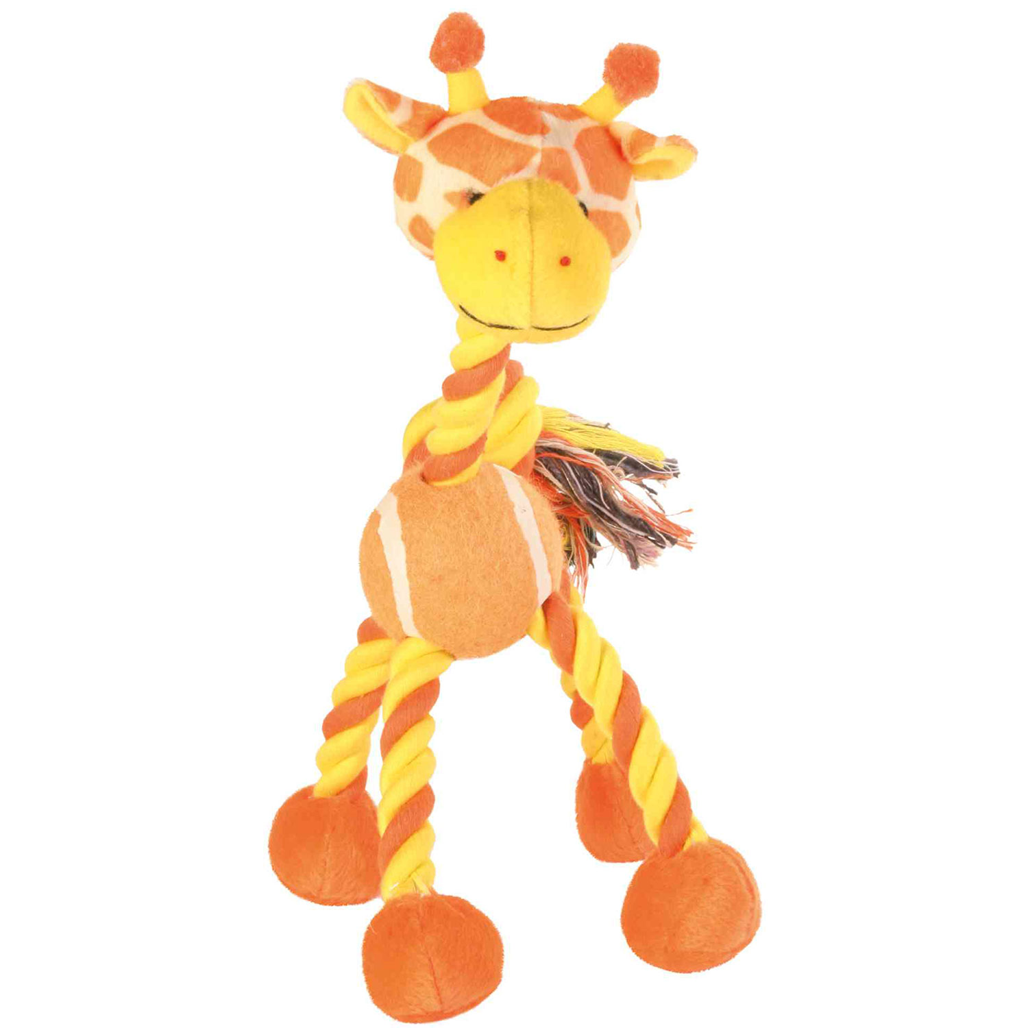 Una giraffa giocattolo con macchie arancioni e gambe di corda.