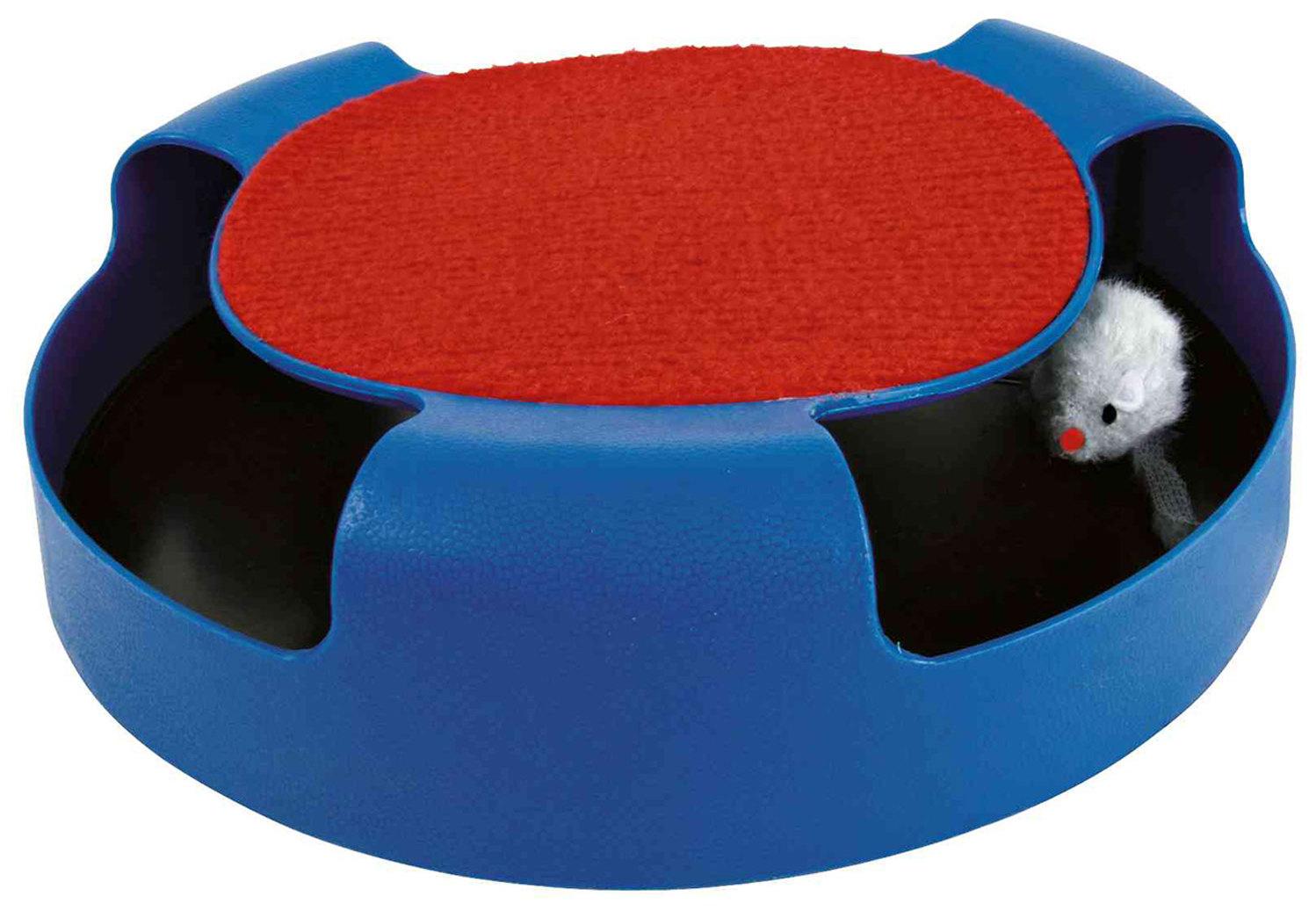 Un gioco blu per gatti con superficie rossa e testa di topo giocattolo.