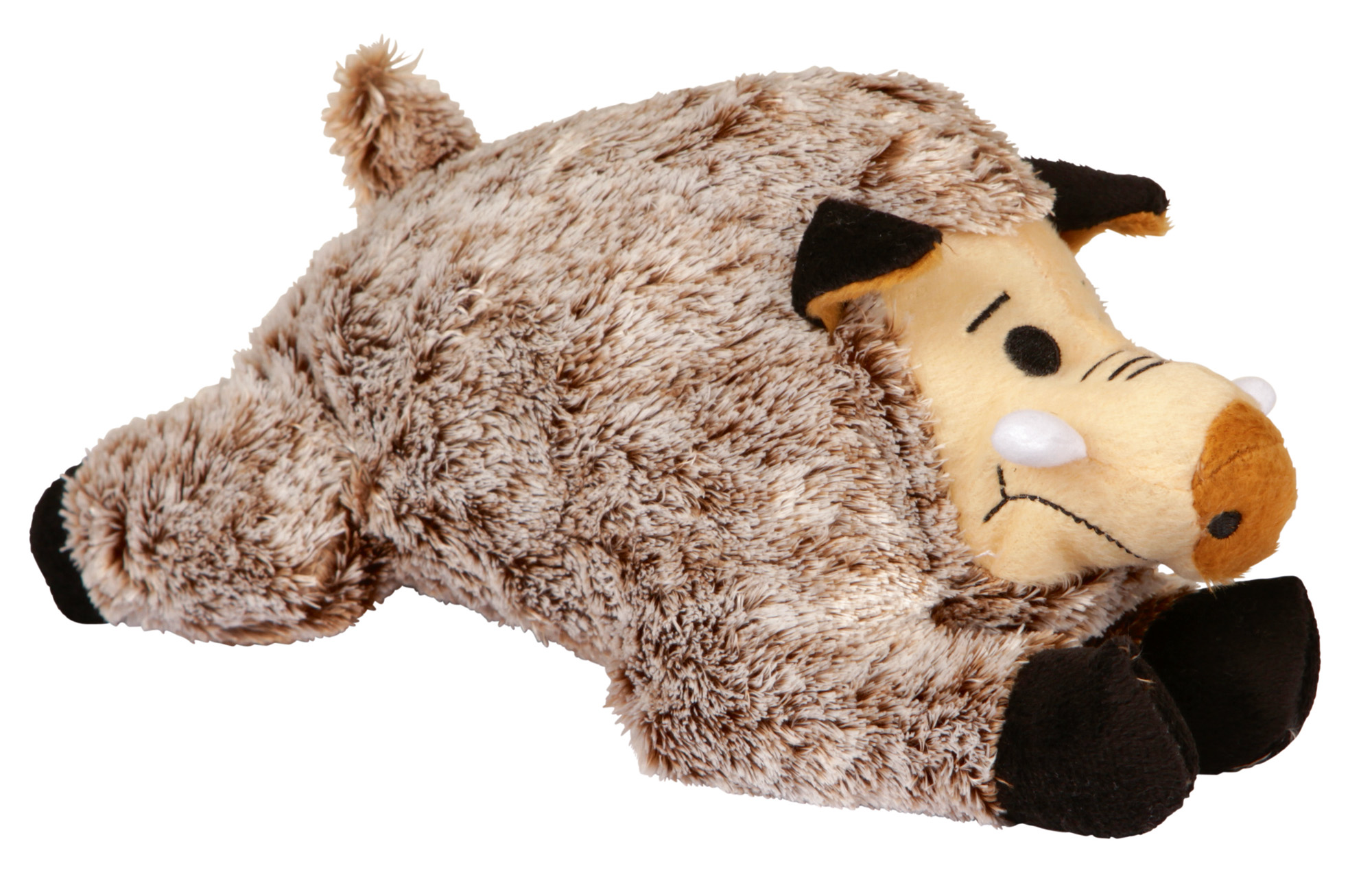 Un peluche de jabalí marrón yace sobre un fondo blanco.