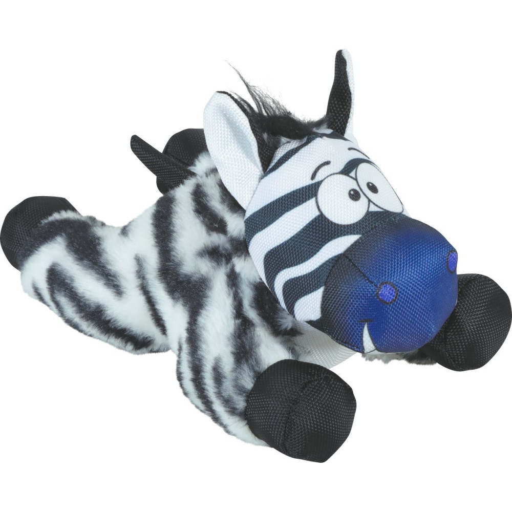 Una zebra di peluche con strisce bianche e nere e un muso blu.