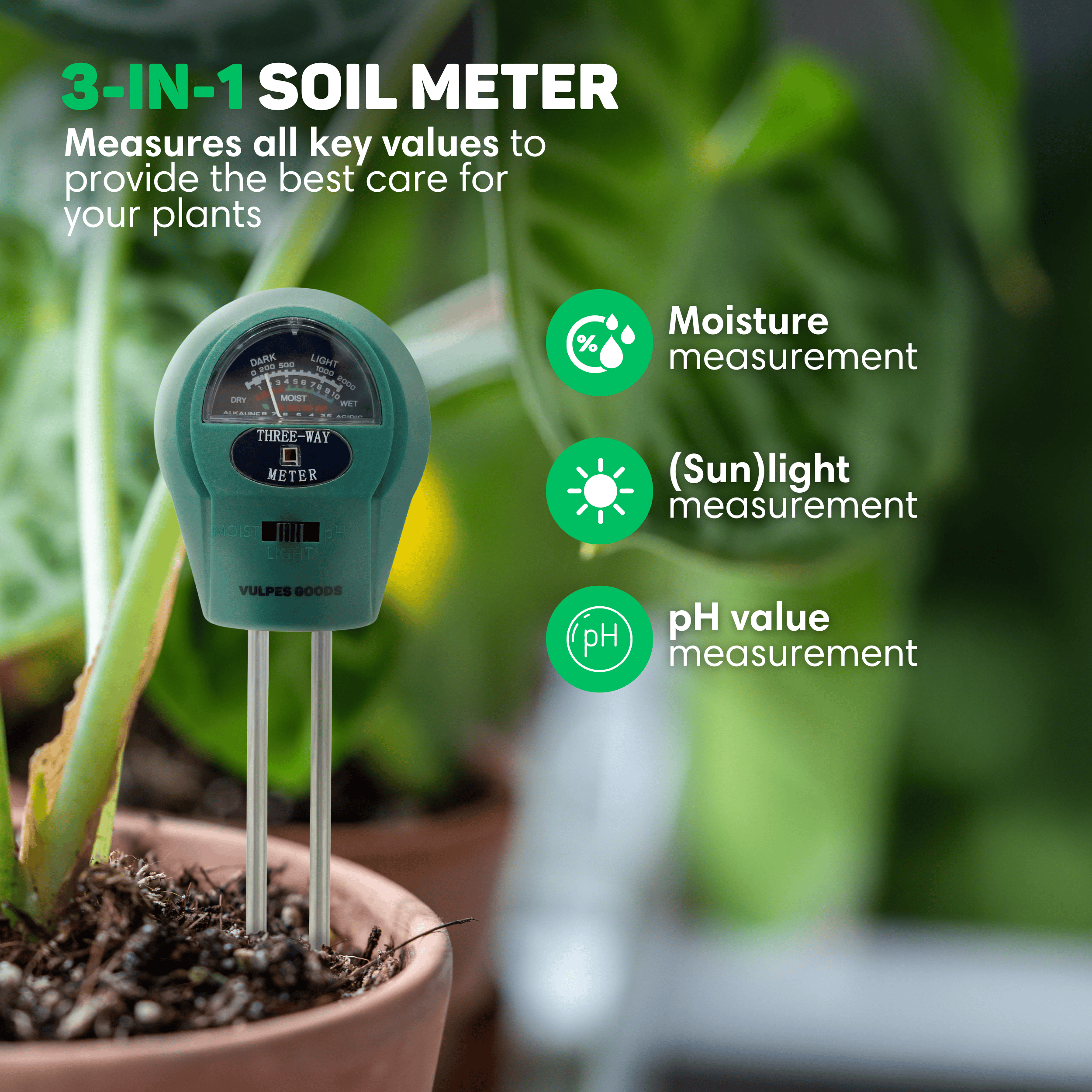 Een groene 3-in-1 bodemmeter met twee sondes in de grond.