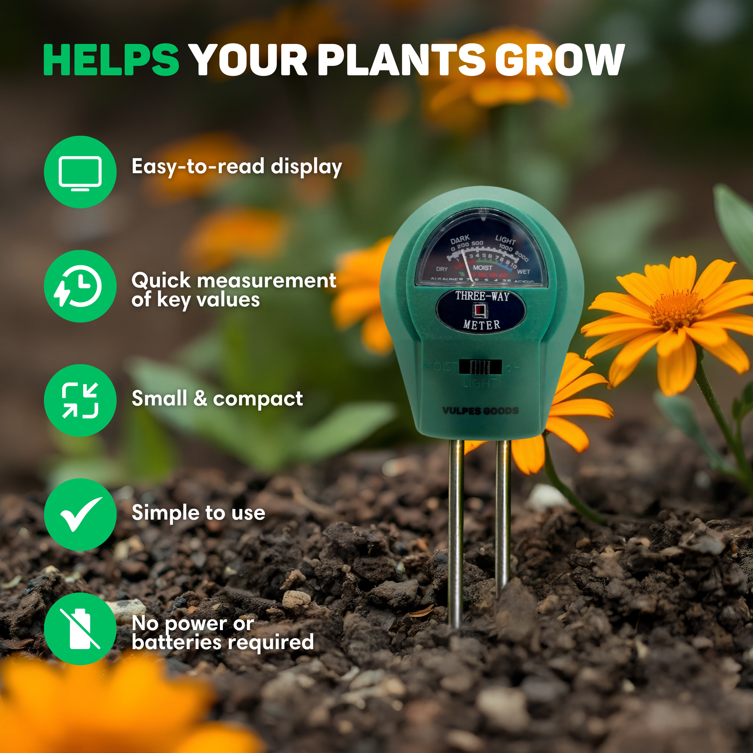 Een groene 3-in-1 meter voor bodemvocht, licht en pH naast een gele bloem.