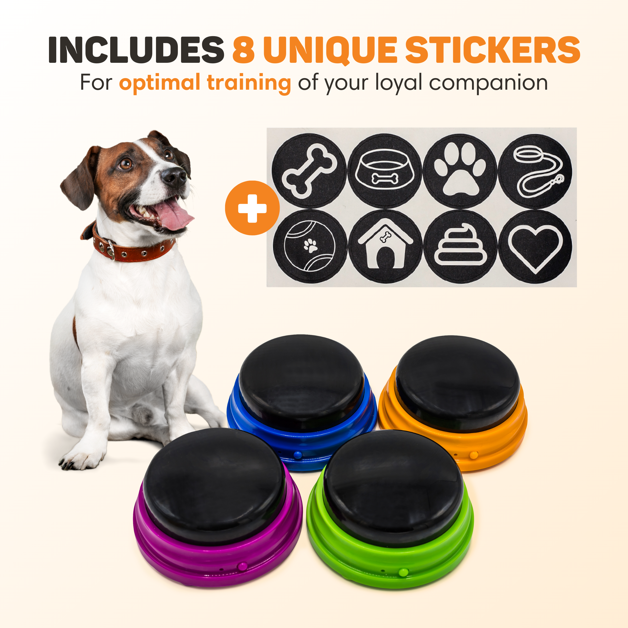 Hund mit vier bunten Knöpfen und Stickerbogen mit Hundesymbolen.