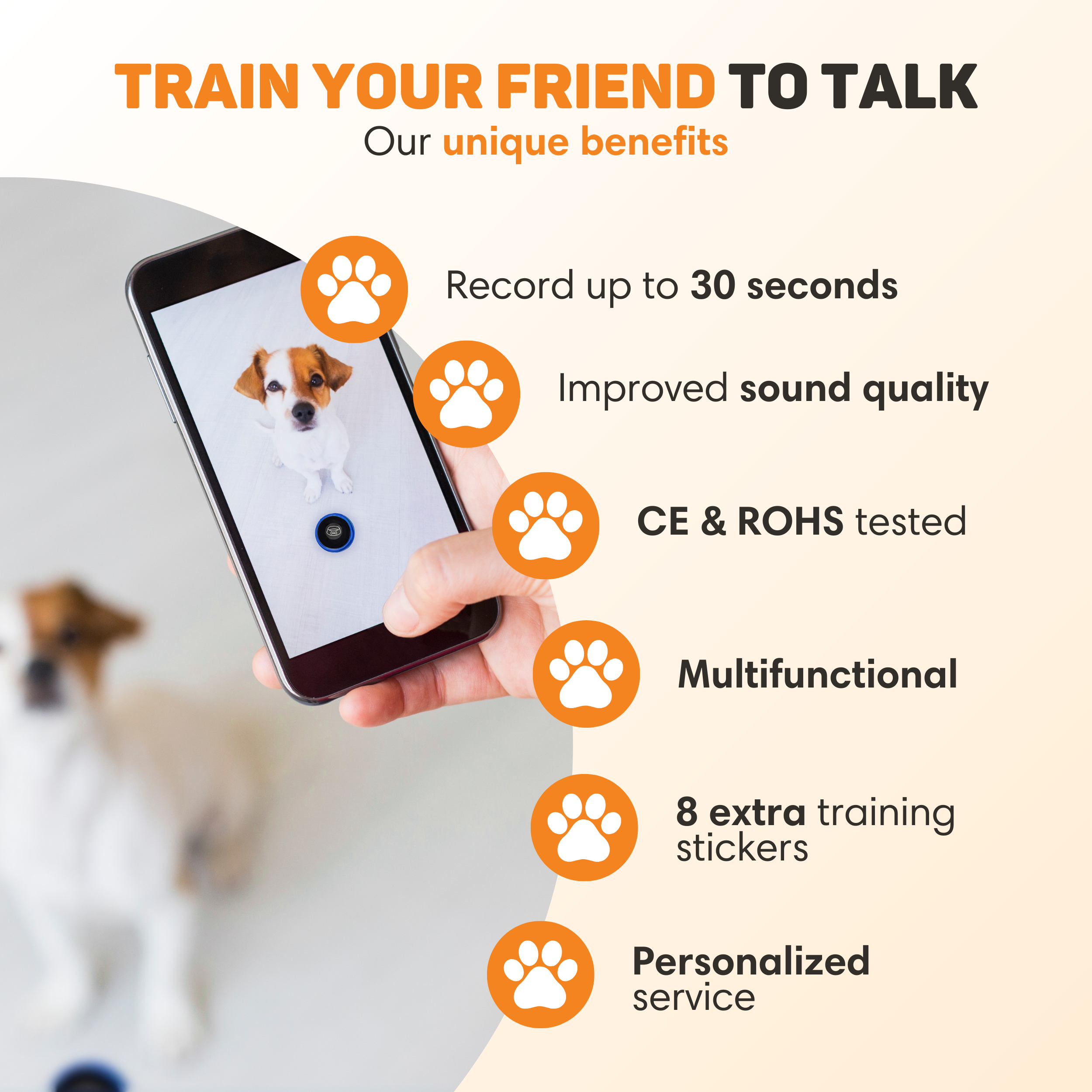 Ein Handy zeigt einen Hund; daneben sind Vorteile aufgelistet.