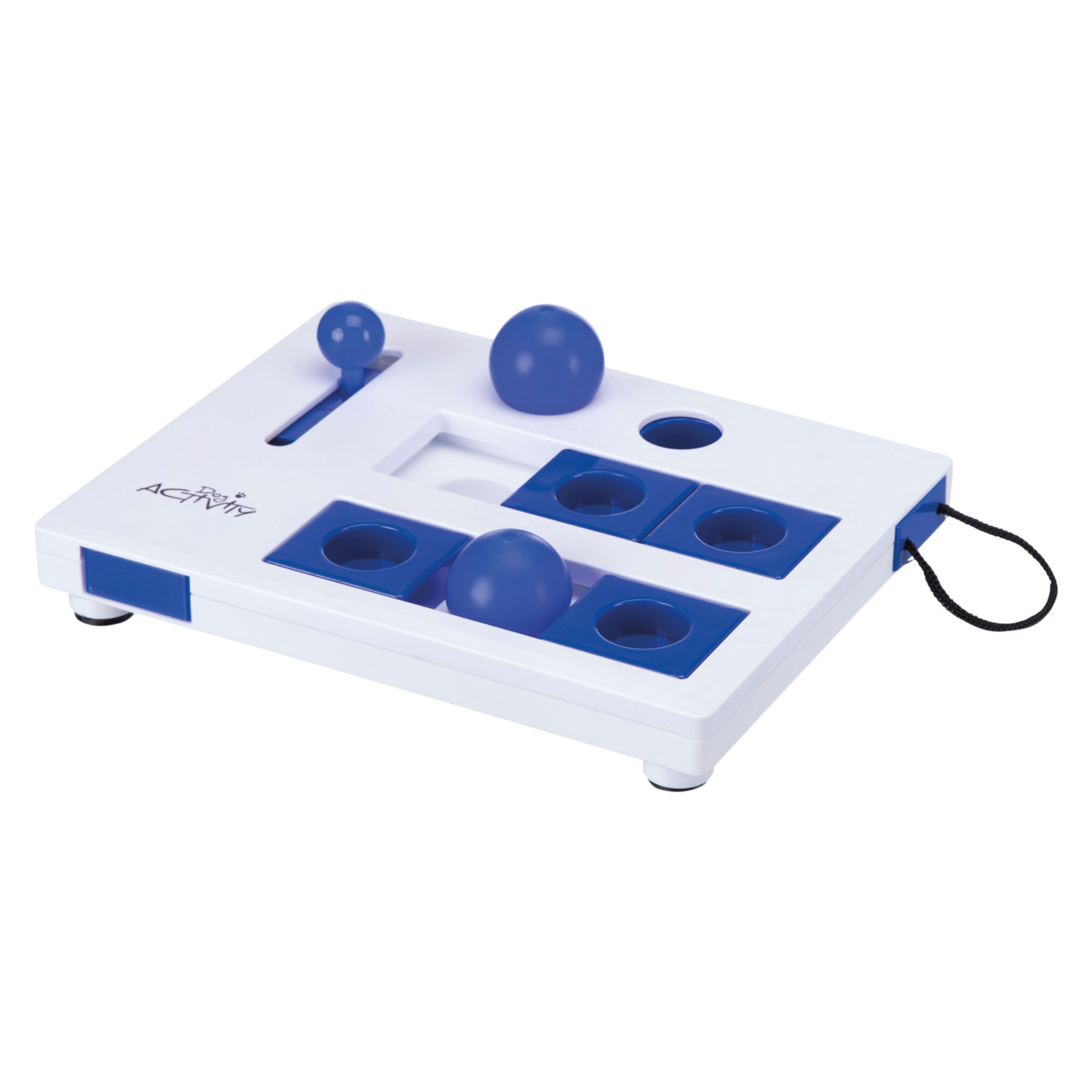 Un gioco bianco per cani con elementi blu e palline.