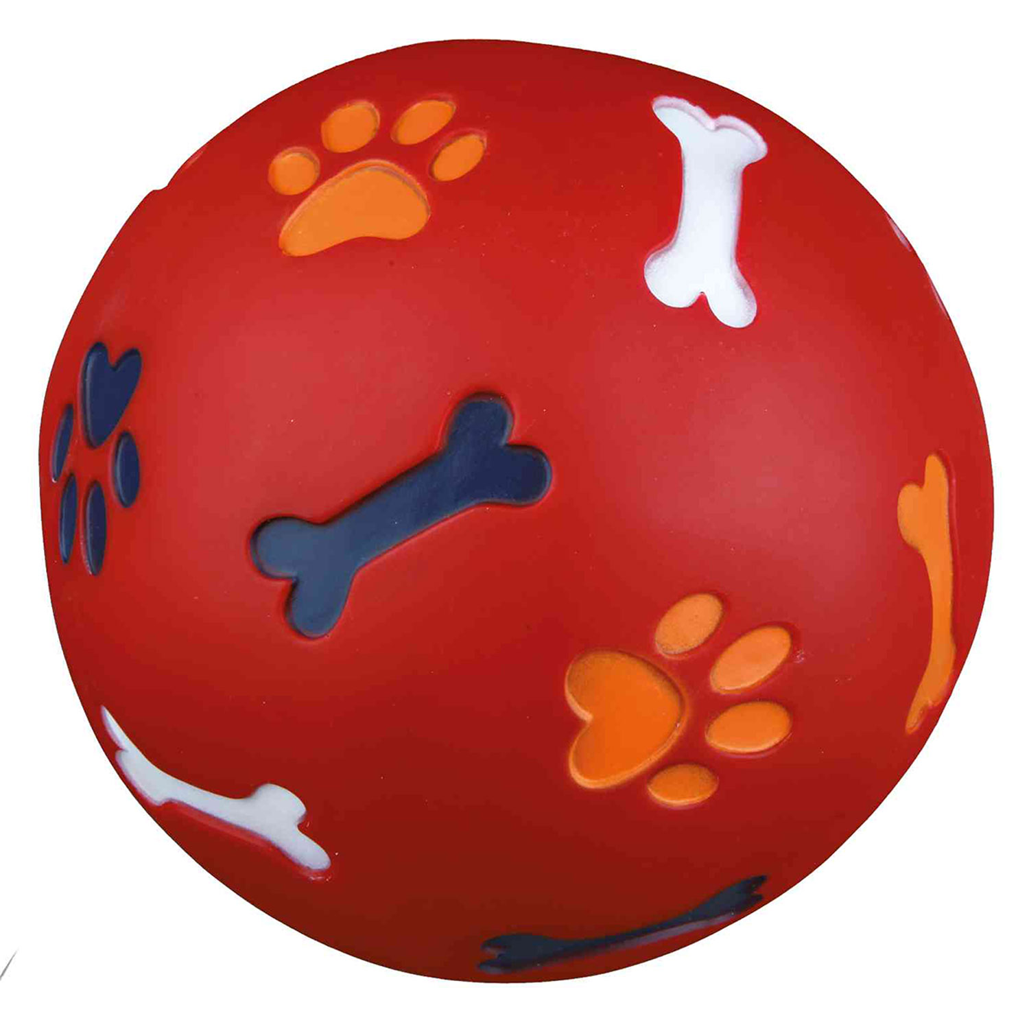 Palla rossa per cani decorata con forme di ossa e impronte di zampe bianche, arancioni e blu.