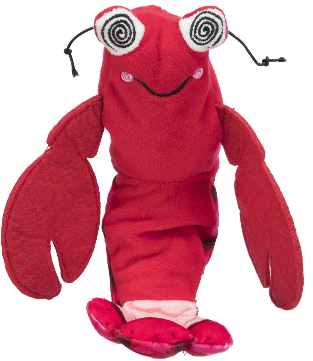 Un burattino a mano di peluche di aragosta rossa con occhi a spirale e artigli.