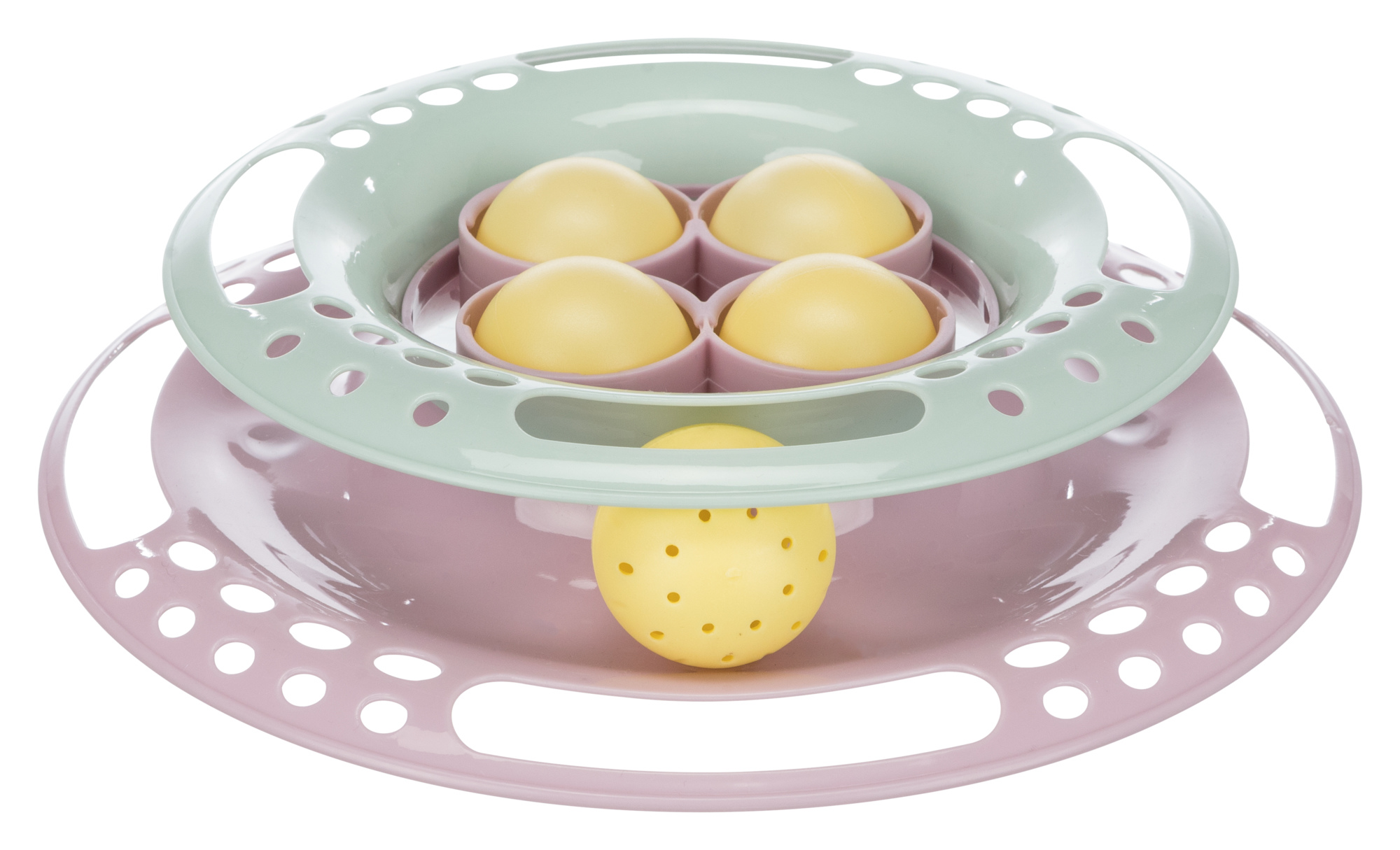 Un gioco interattivo per gatti verde menta e rosa con palline gialle.