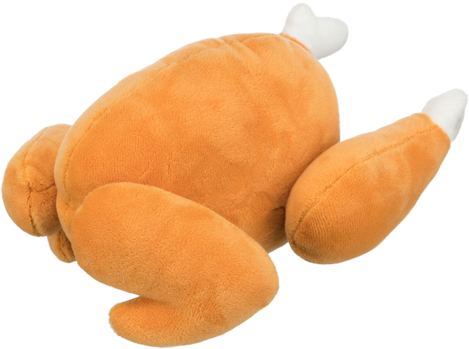 Un tacchino giocattolo di peluche arancione con accenti bianchi sulle giunture.