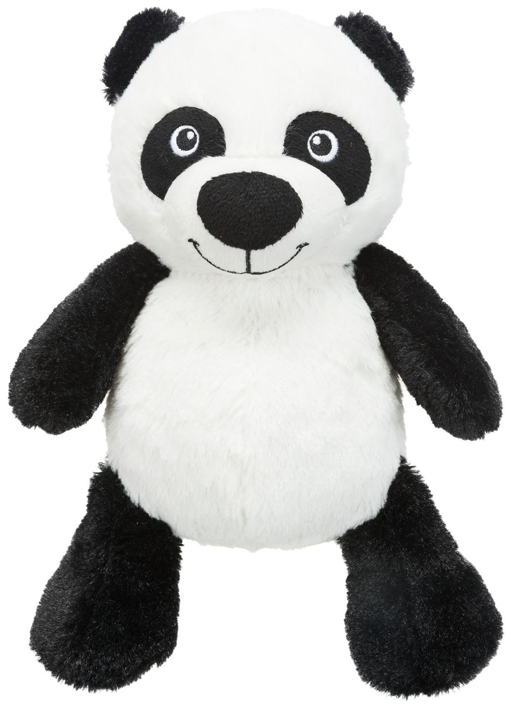 Un morbido peluche panda con orecchie, macchie oculari e arti neri.