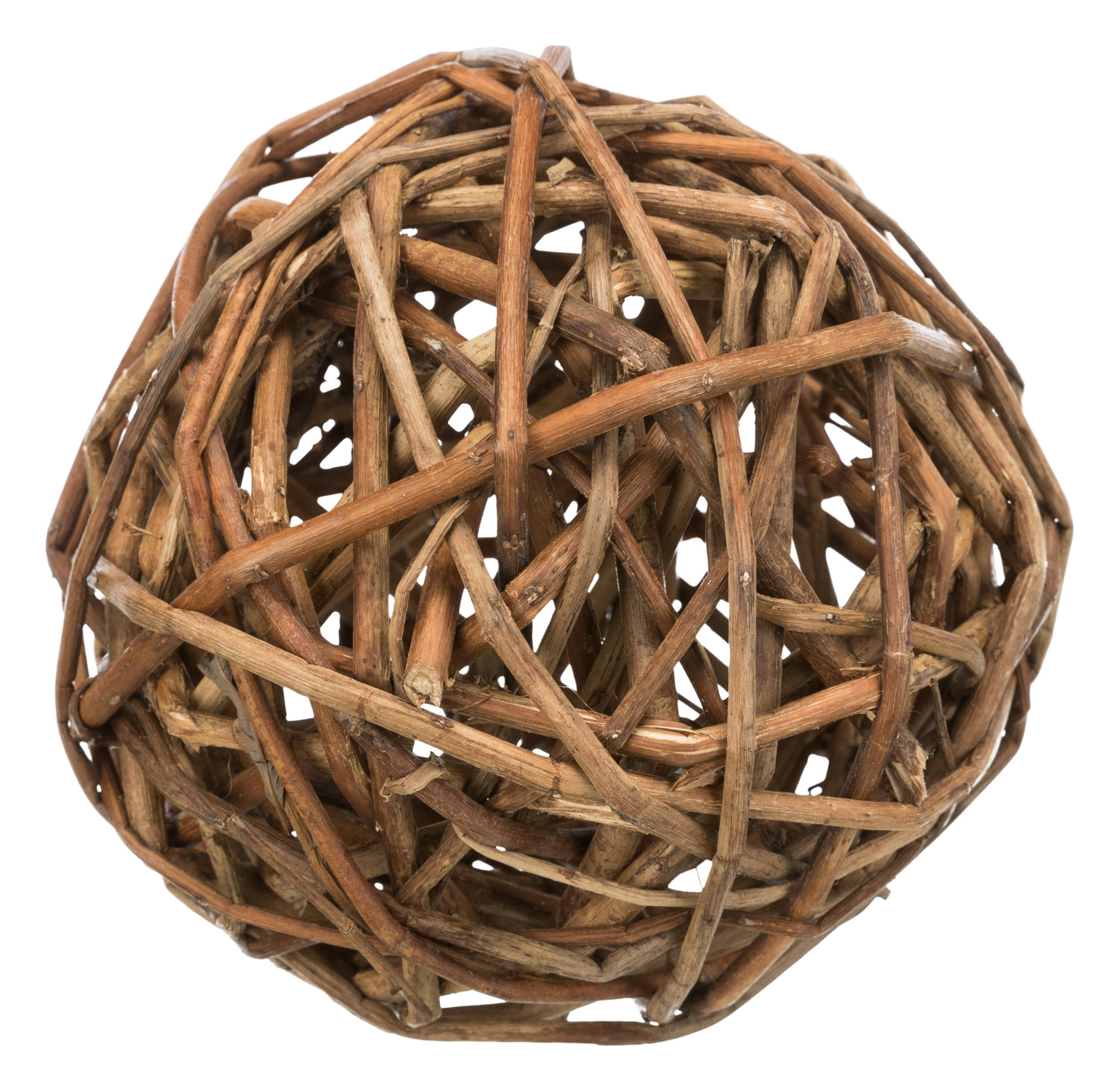 Una sfera marrone fatta di ramoscelli intrecciati con spazi.