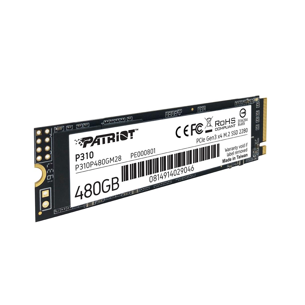 Dysk SSD Patriot P310 480GB M.2 z interfejsem PCIe Gen3 x4 na białym tle.