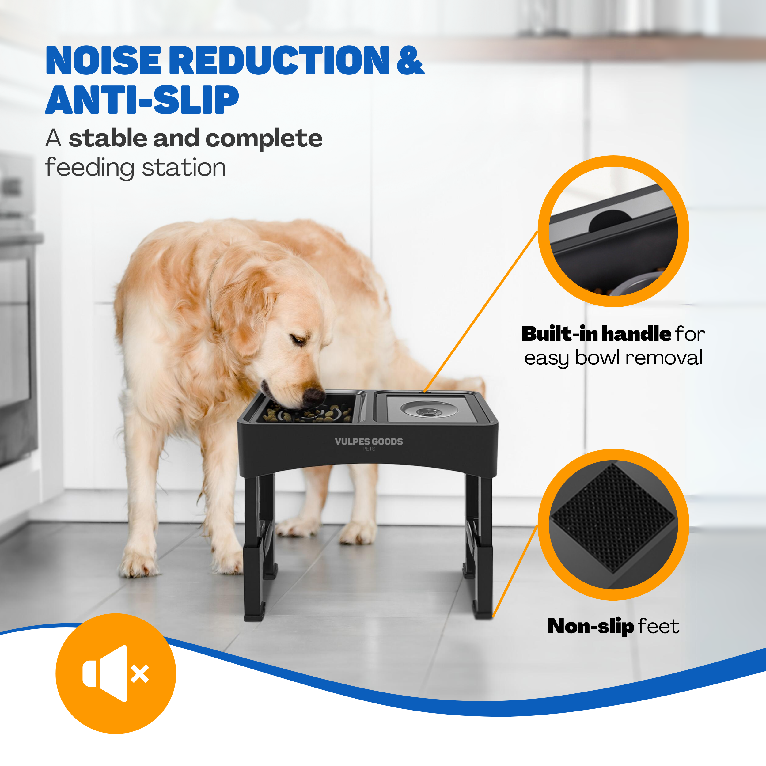 Ein Golden Retriever frisst aus einem erhöhten Futternapf. Es gibt Text über Geräuschreduzierung und Rutschfestigkeit.