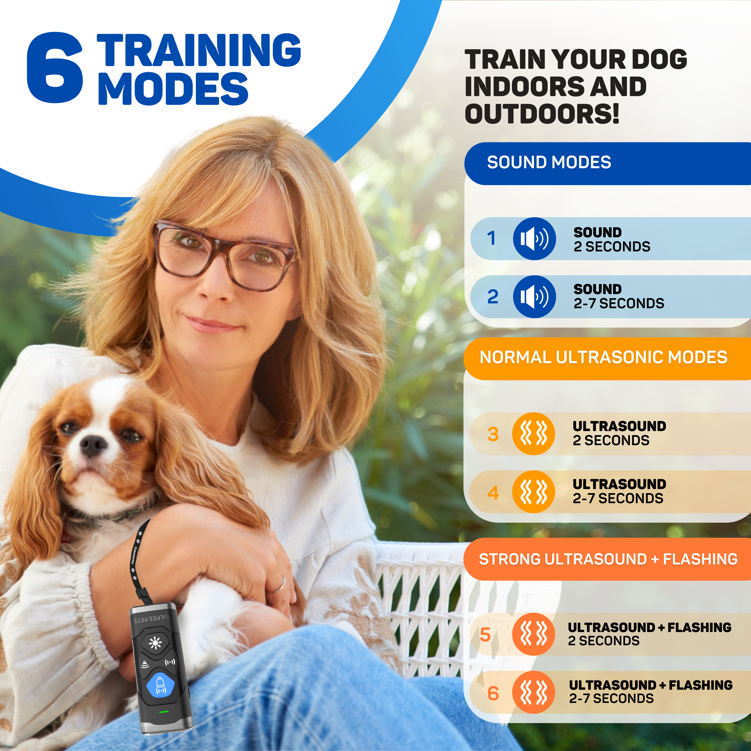 A woman holds a dog. A training device is shown.