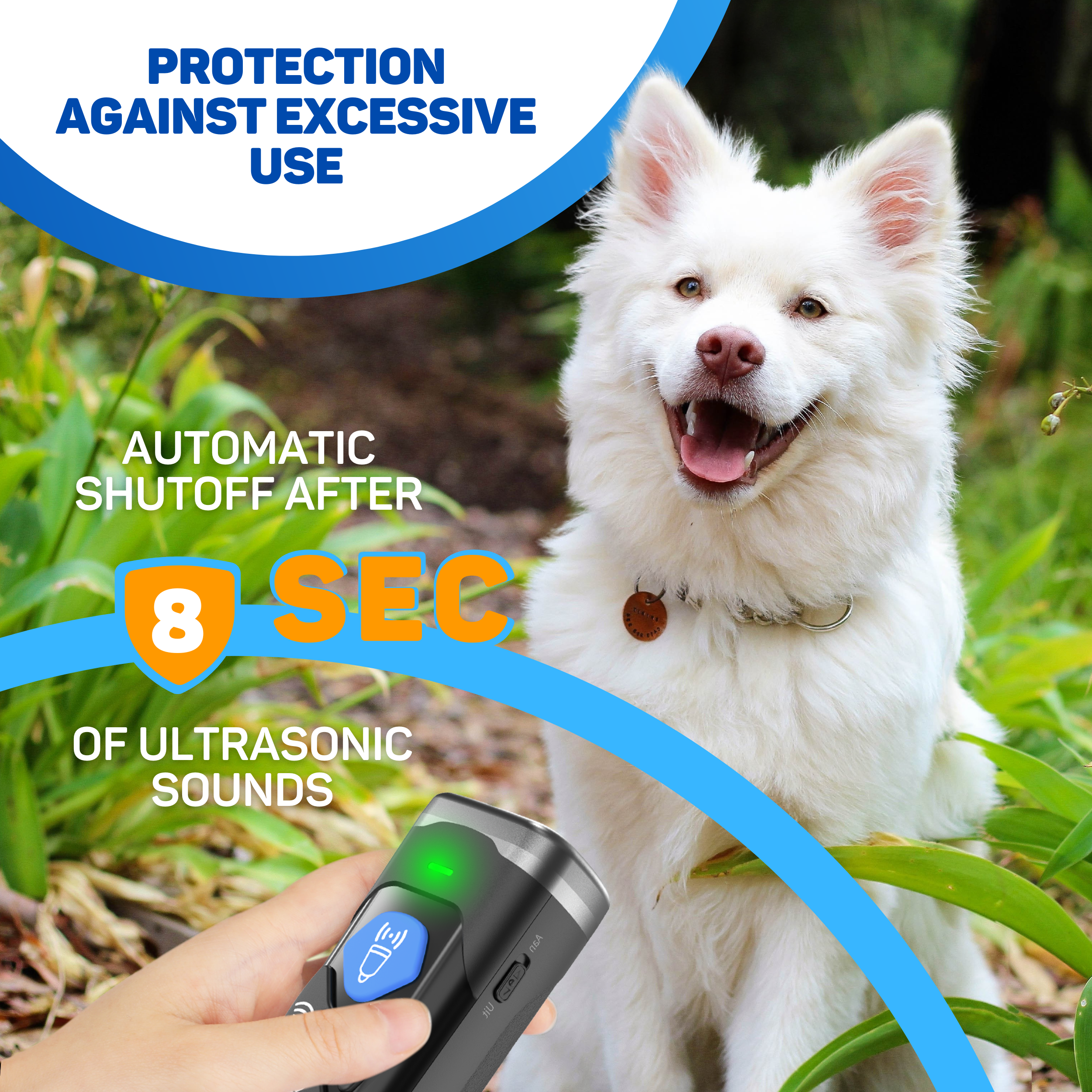 A white dog sits outdoors next to an ultrasonic device held by a hand.