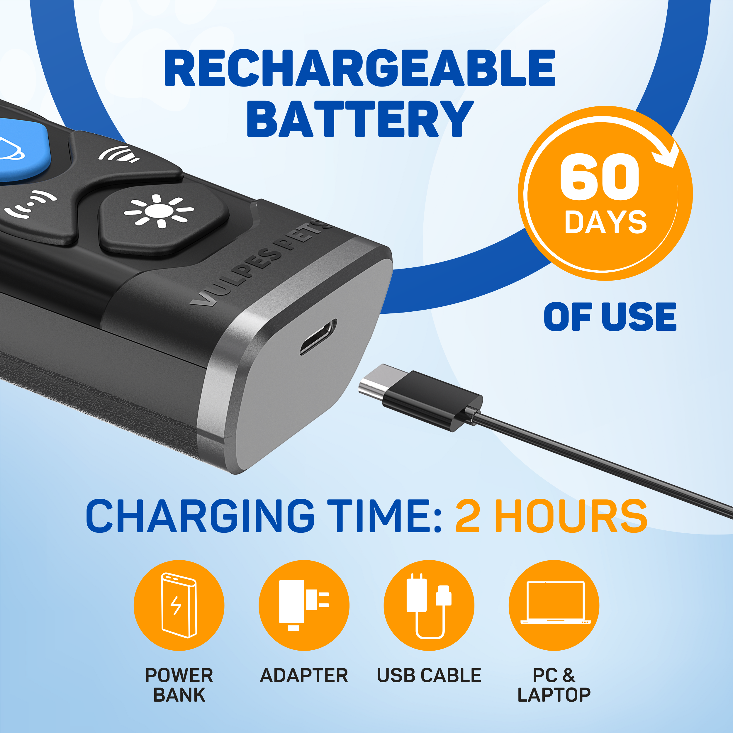 A black rechargeable device is being connected by a USB-C cable.