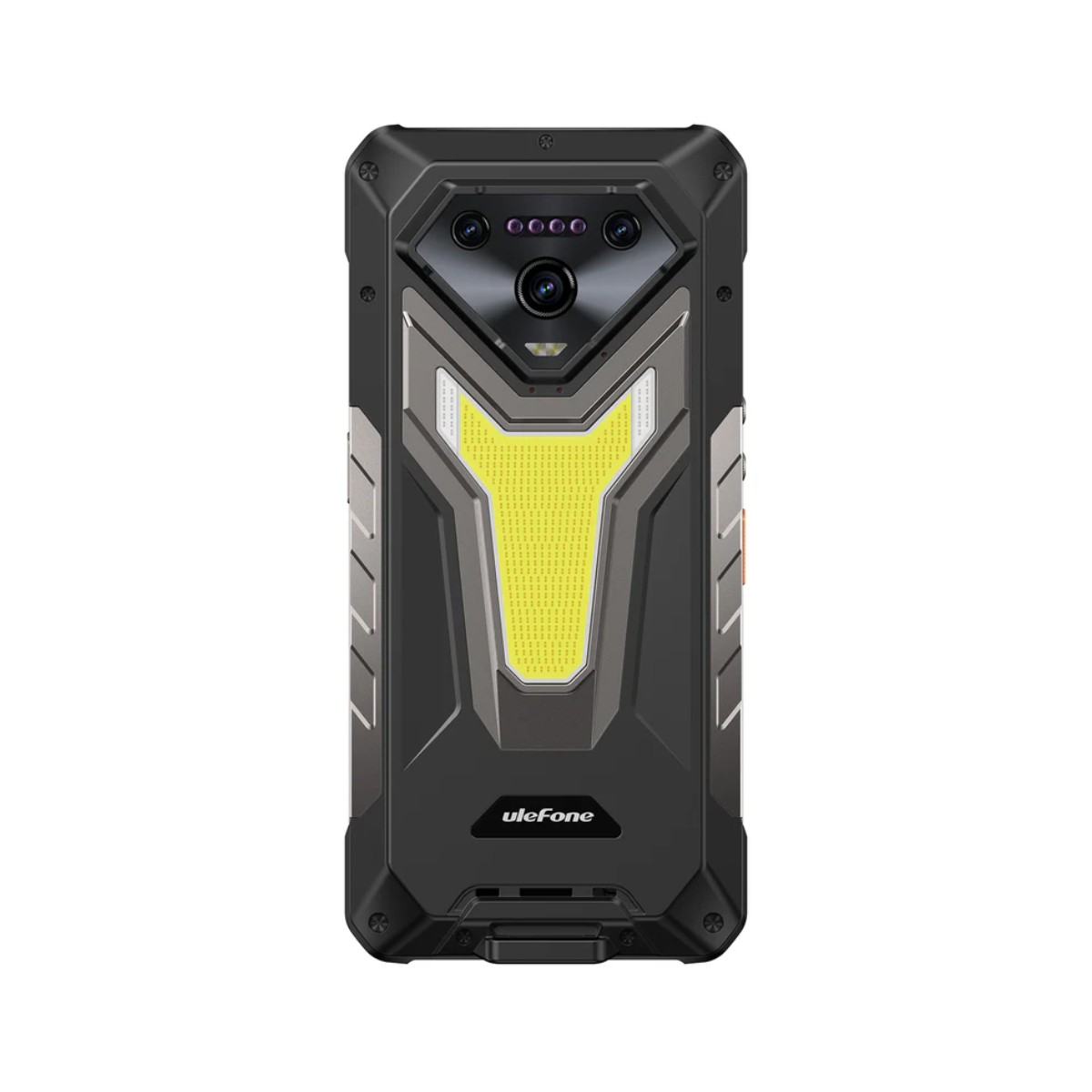 Tył wytrzymałego smartfona z czterema aparatami, żółtymi akcentami i logo Ulefone.