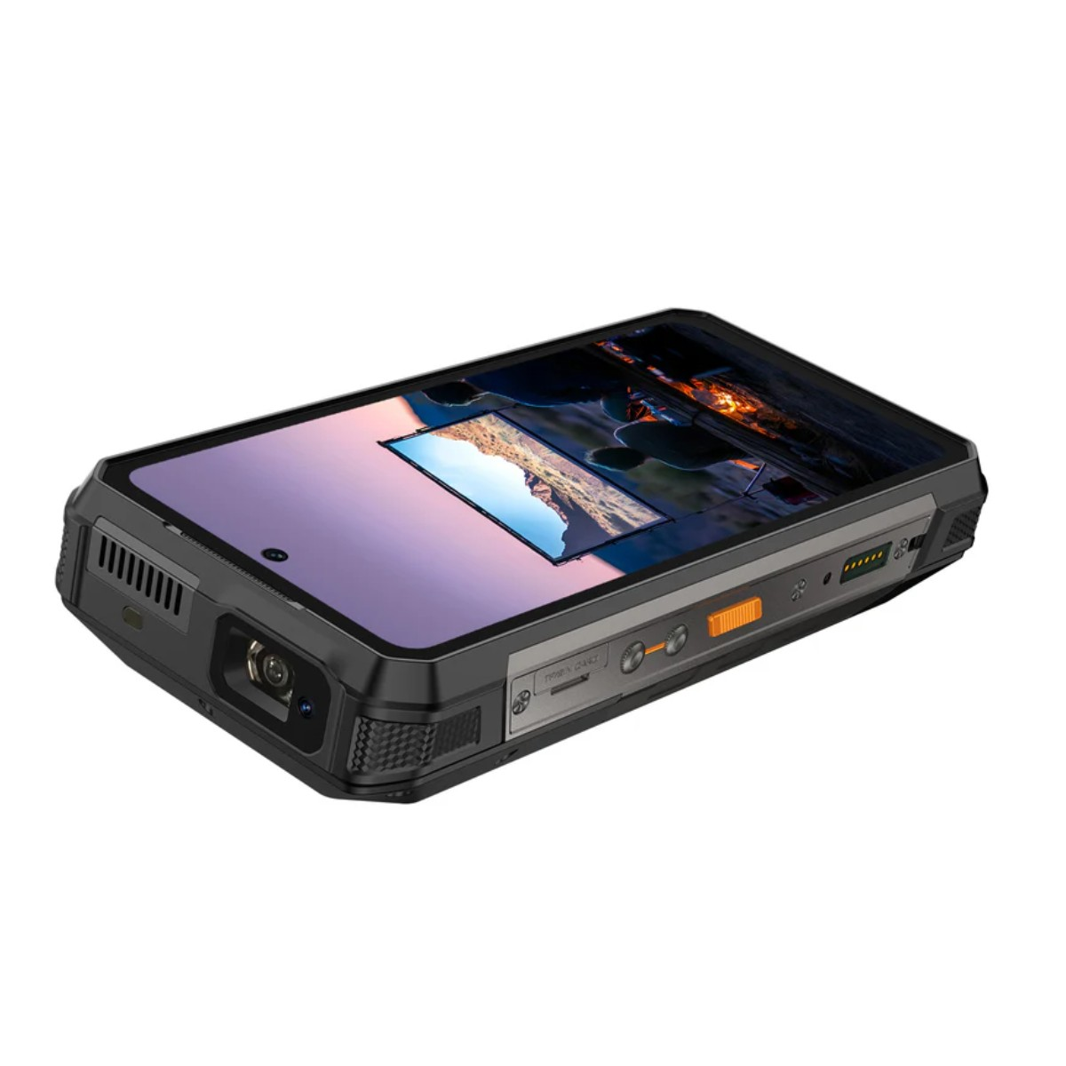 Wytrzymały smartfon z projektorem, pokazujący krajobraz górski.