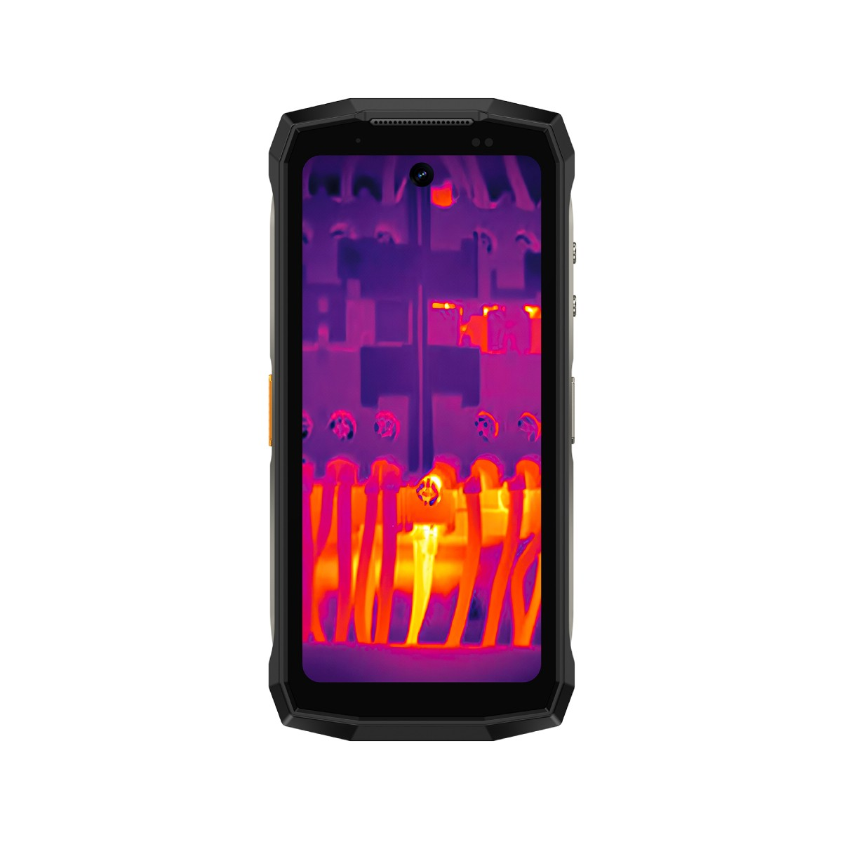 Wytrzymały smartfon wyświetla obraz termowizyjny przewodów elektrycznych w odcieniach pomarańczu i fioletu.