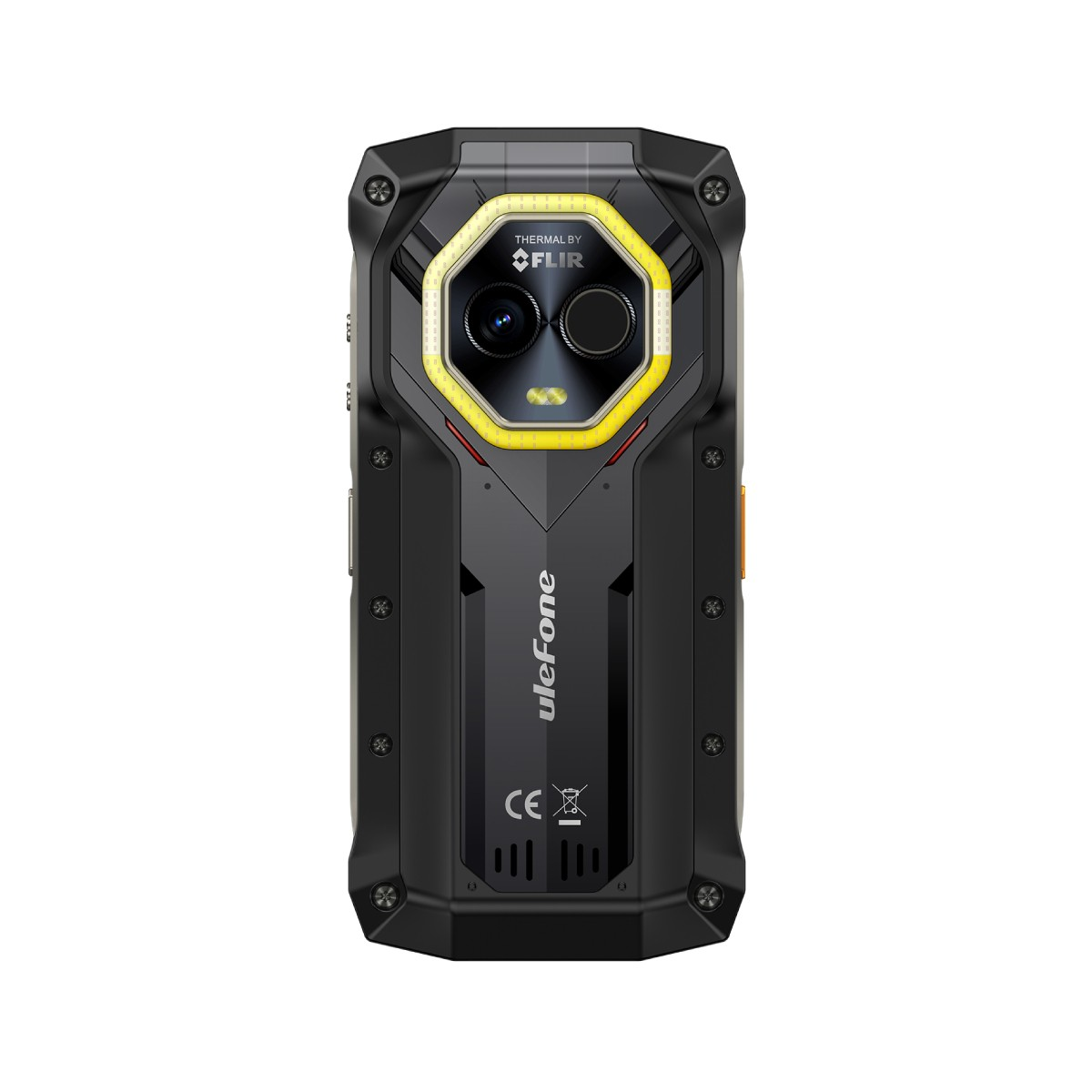 Wytrzymały czarny smartfon z kamerą termowizyjną FLIR i żółtym akcentem.