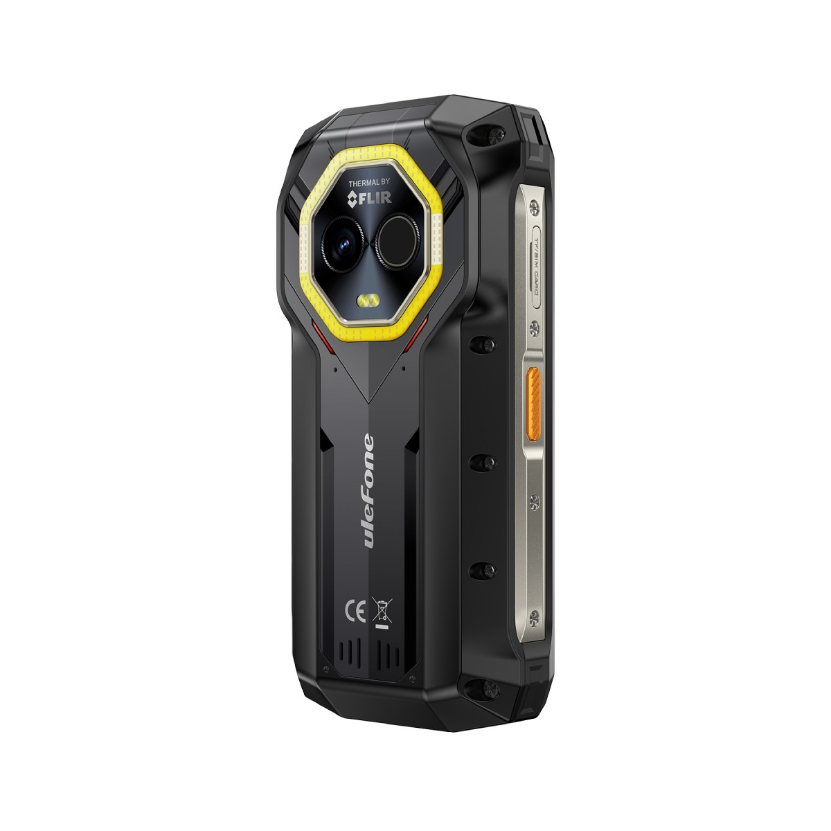 Wytrzymały czarny smartfon z kamerą termowizyjną FLIR, żółtym akcentem i logo UleFone.