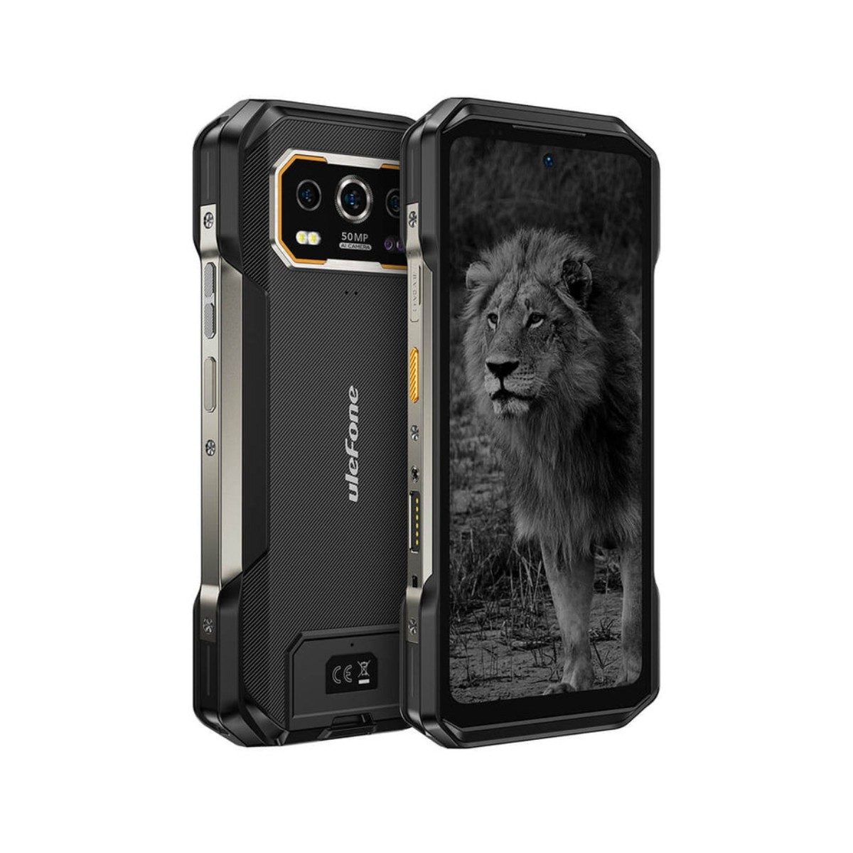 Wytrzymały smartfon z obrazem lwa na ekranie i tylnym aparatem 50MP.