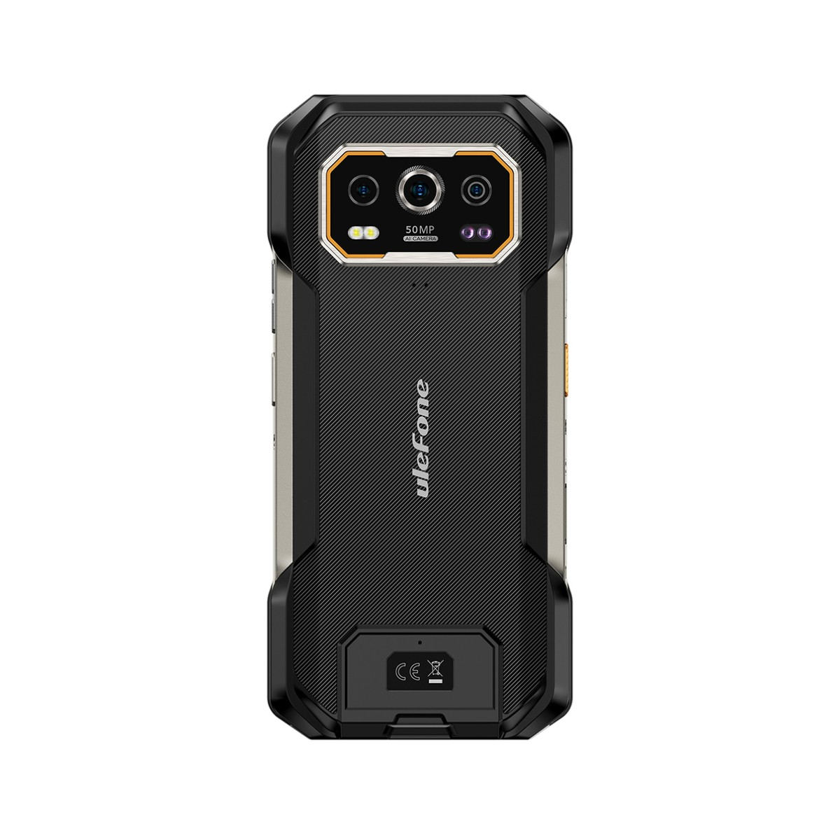 Tył wytrzymałego czarnego smartfona z aparatem 50MP i logo Ulefone.