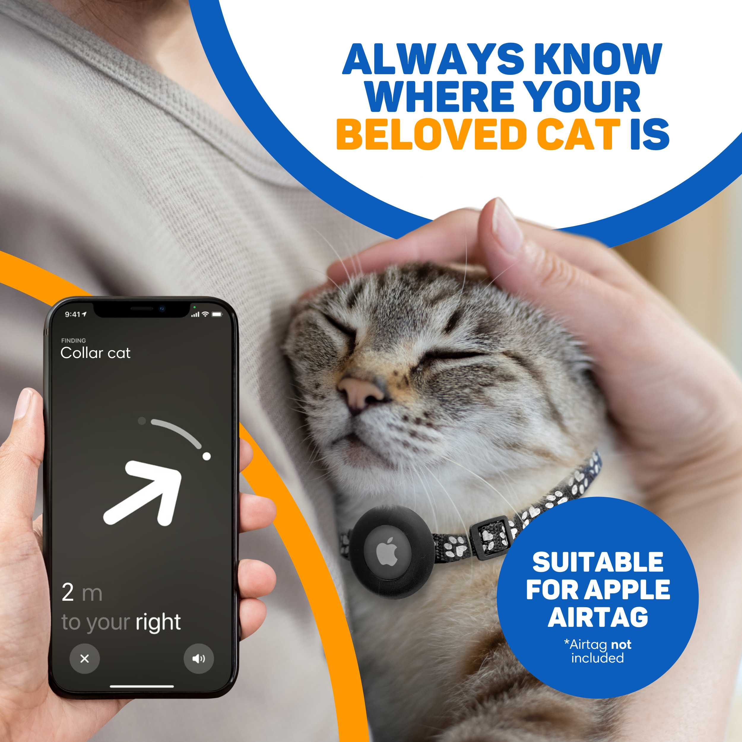Eine Person hält ein Smartphone mit einer Ortungs-App und streichelt eine Katze mit einem AirTag-Halsband.