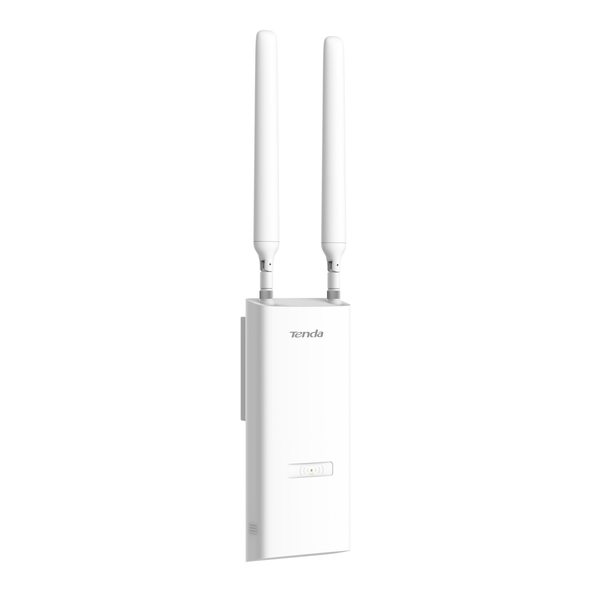 Ein weißer Tenda WLAN-Router mit zwei Antennen und einem Netzwerksymbol.