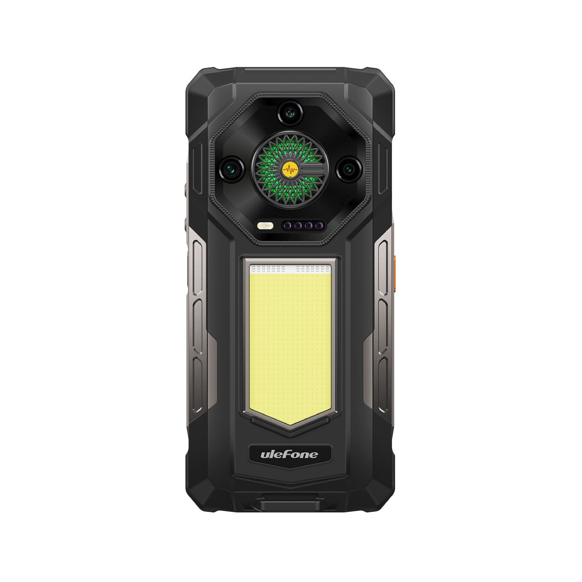 Wytrzymały czarny smartfon z kamerami, lampą błyskową i logo Ulefone.