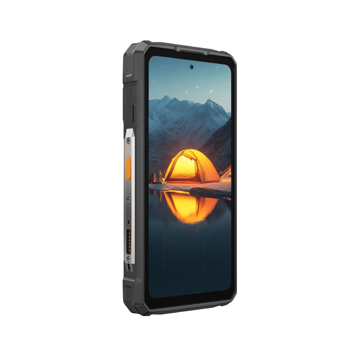 Wytrzymały smartfon wyświetla namiot nad jeziorem z górami w tle.