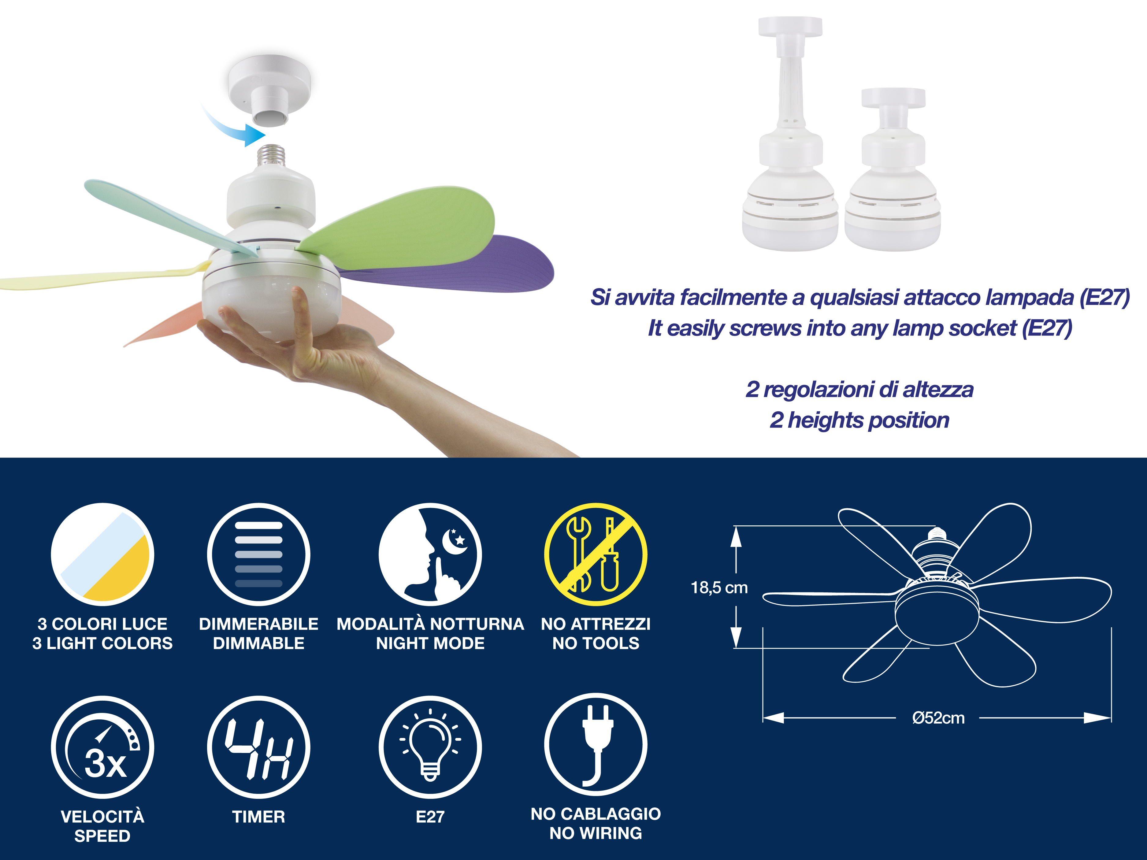 Ventilatore da soffitto con pale colorate, attacco E27, 3 colori luce, timer.