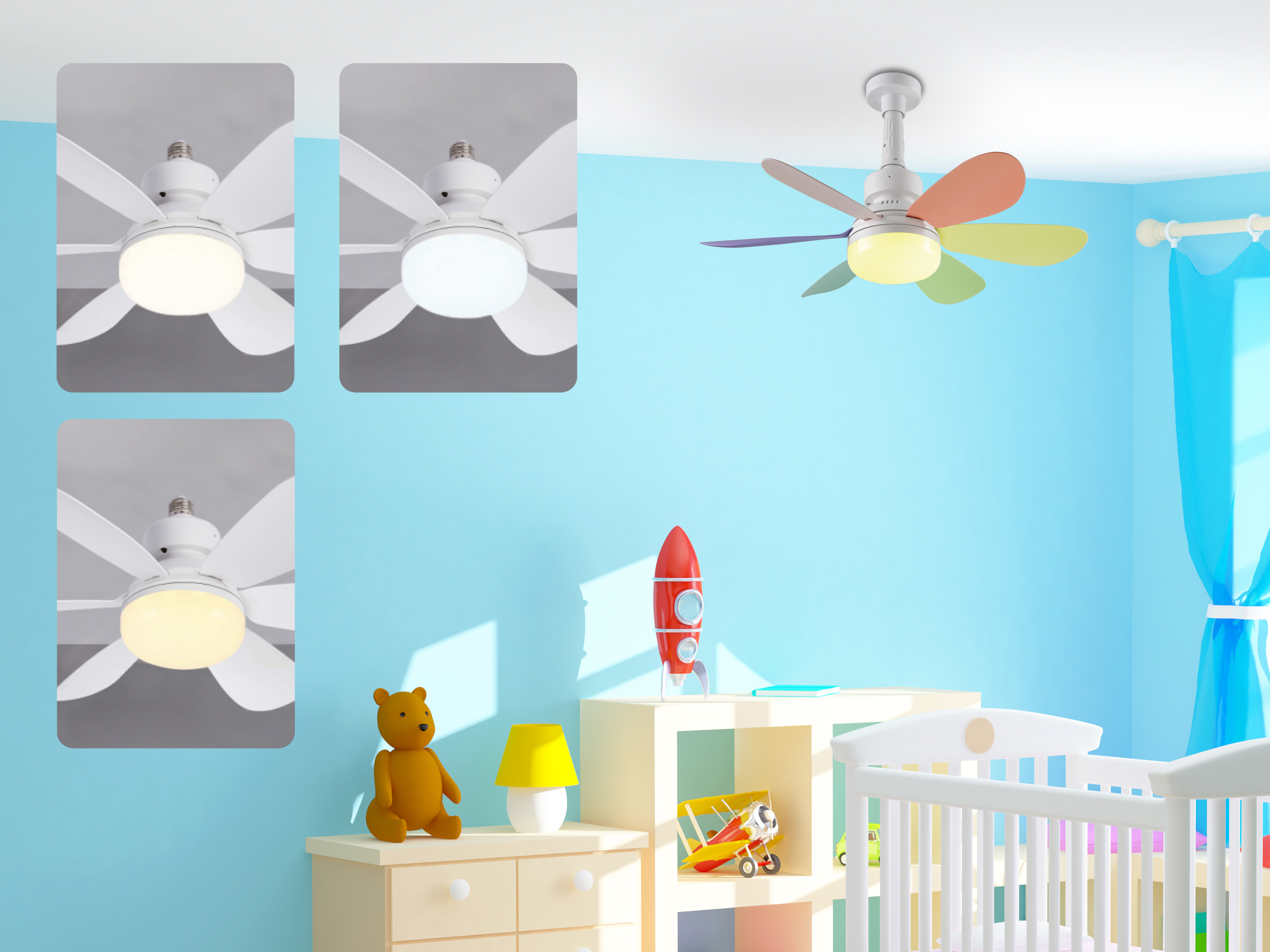 Stanza per bambini con ventilatore a soffitto colorato, culla e giocattoli.