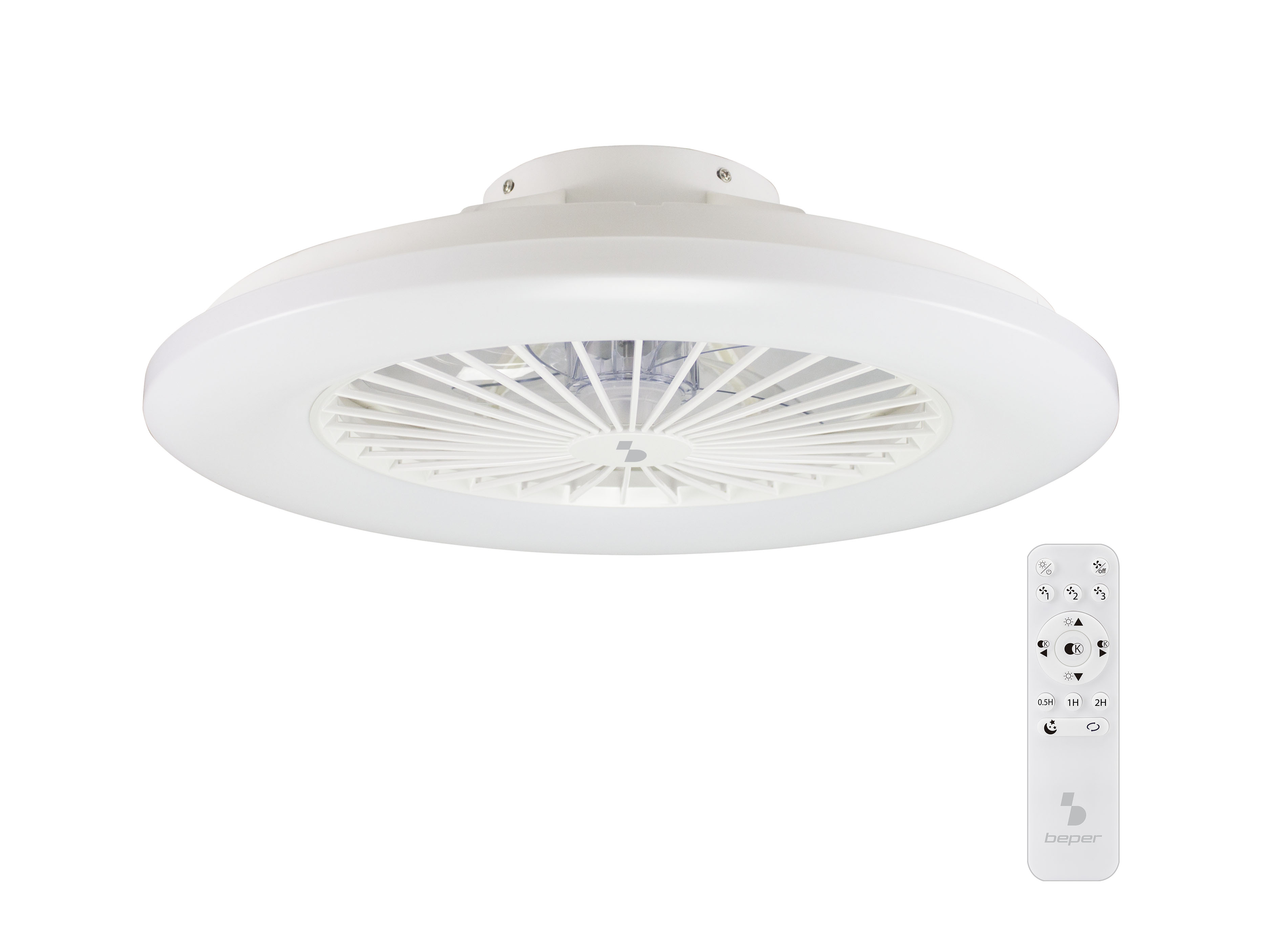 Luce da soffitto bianca con ventilatore e telecomando.