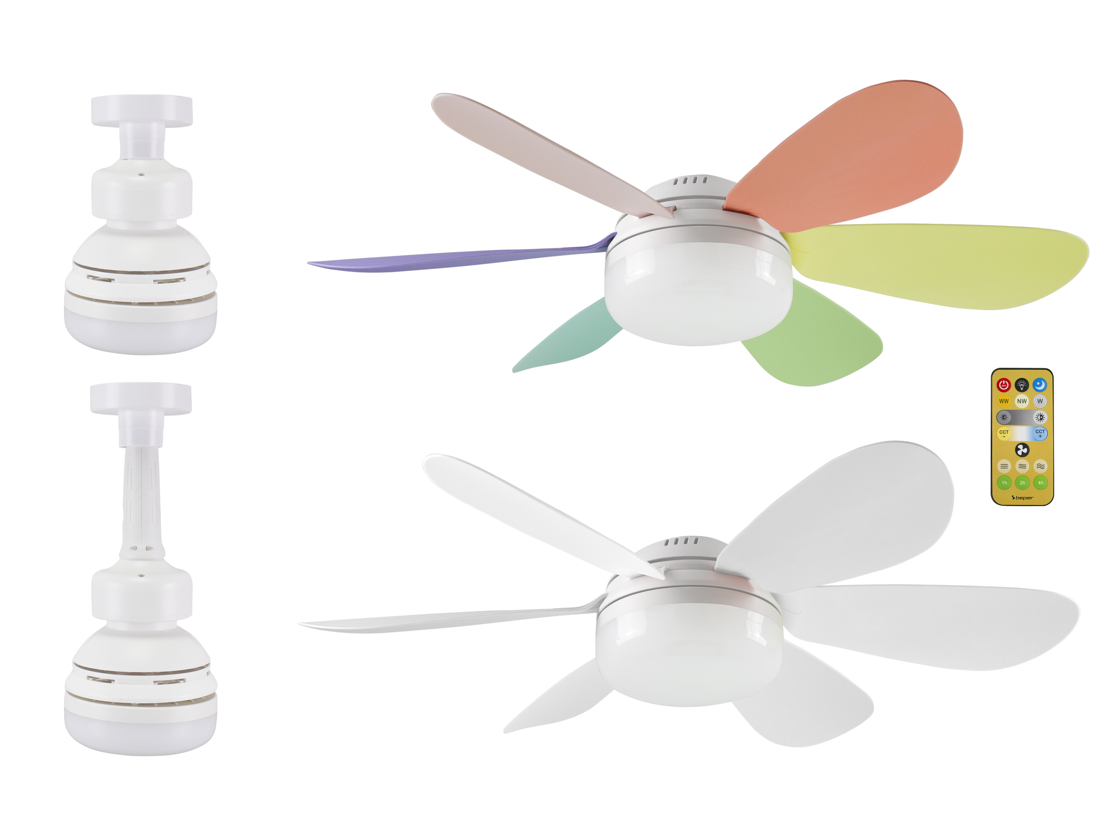 Due ventilatori da soffitto con luci: uno colorato, uno bianco. Con telecomando.