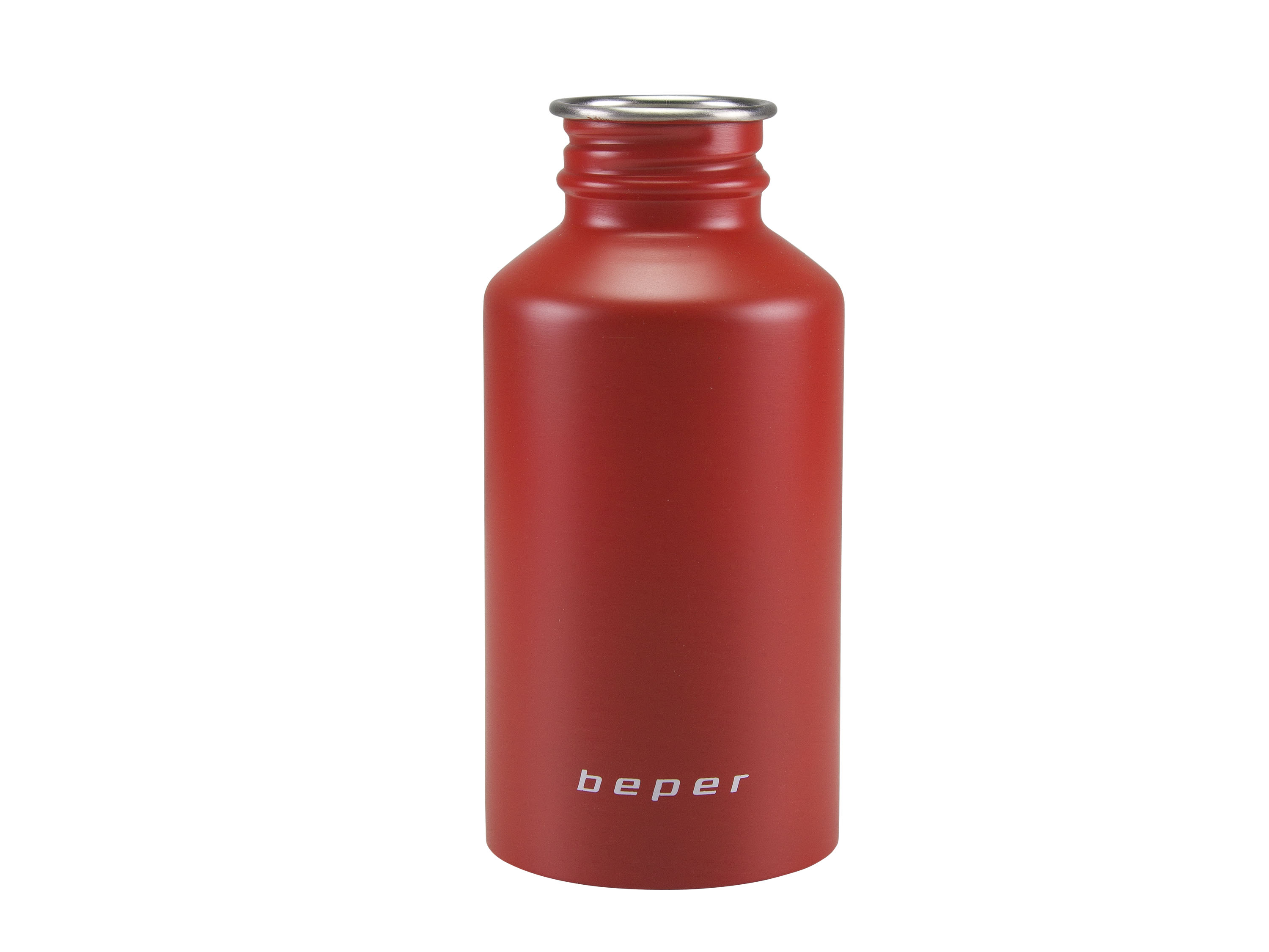 Una borraccia rossa con tappo argentato e logo 'beper'.